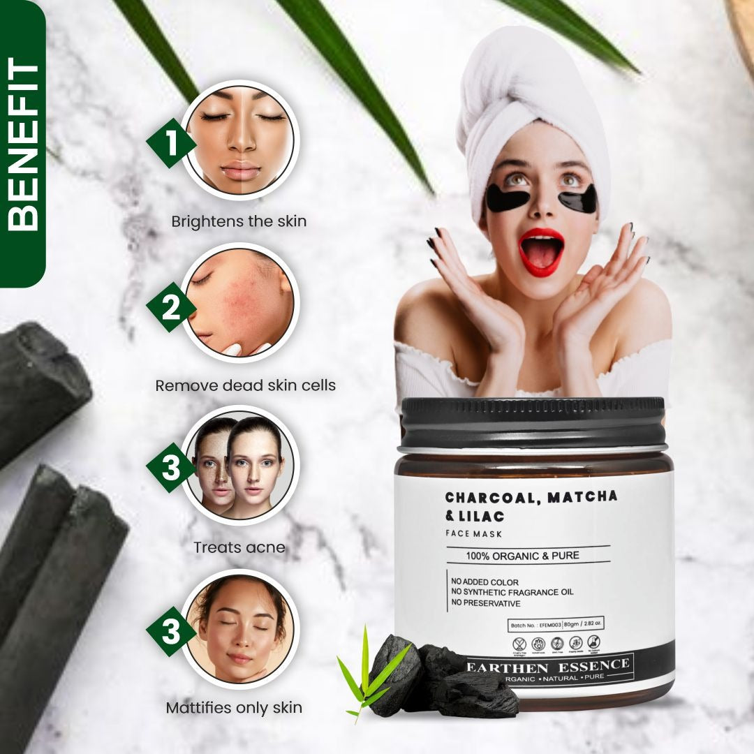 CHARCOAL, MATCHA & LILAC Organic Face Mask | Deep Cleansing, Pore Tightening, Anti-Ageing, Skin Whitening | For All Skin Types | 100g