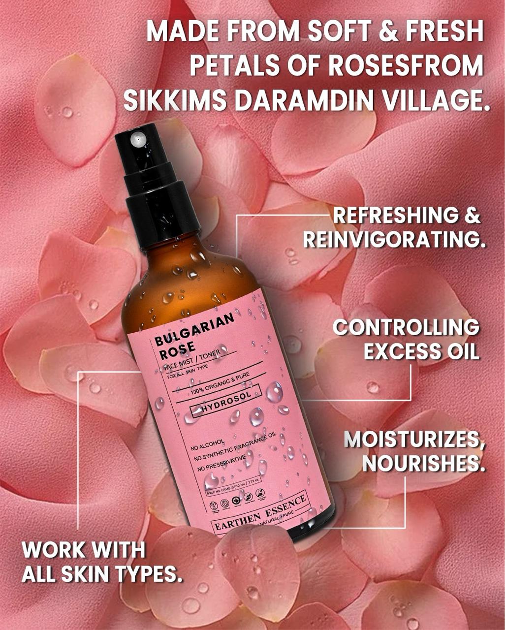 Earthen Essence BULGARIAN ROSE Face Mist / Toner | Pure Hydrosol | Hydrating & Alcohol-Free | Skin Brightening, Tightens Pores, Balances pH | For All Skin Types | 100ml