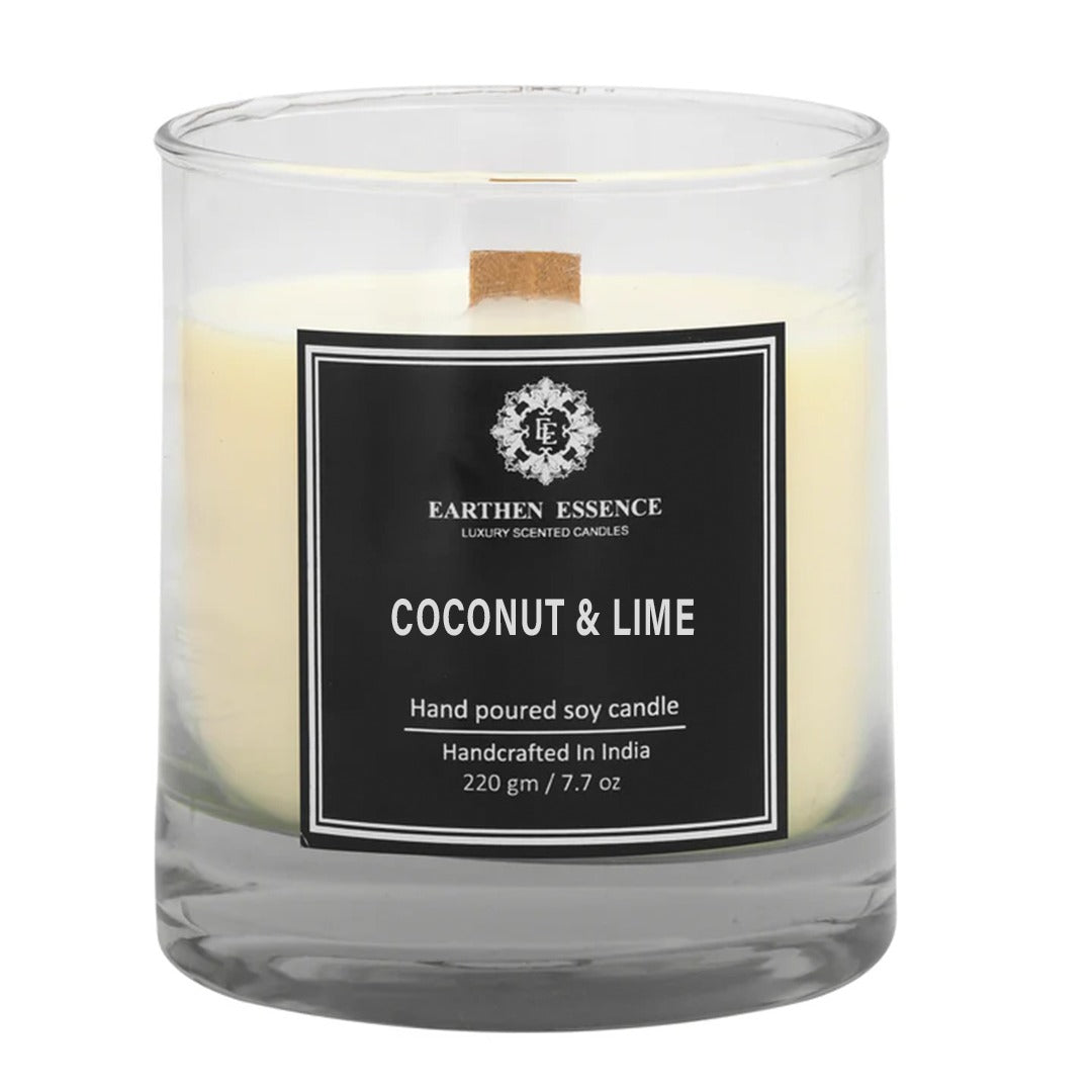 Earthen Essence COCONUT & LIME Luxury Scented Candle | 100% Natural Soy Wax With Wooden Wick | Smokeless & Non-Toxic Candles | 220gm