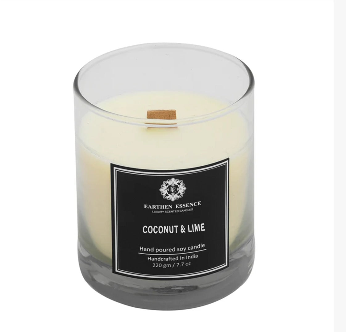 Earthen Essence COCONUT & LIME Luxury Scented Candle | 100% Natural Soy Wax With Wooden Wick | Smokeless & Non-Toxic Candles | 220gm