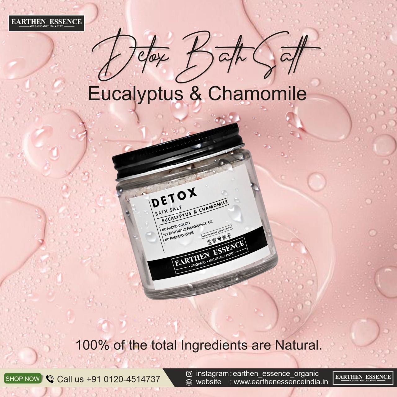 DETOX Bath Salt | with Pure Essential oil EUCALYPTUS & CHAMOMILE | Mix of Epsom Salt, Himalayan Salt, and Sea Salt, Vitamin C & E | for Body & Foot Spa | Calming, Relaxing, Muscle Pain Relief, Aromatherapy | 100gm