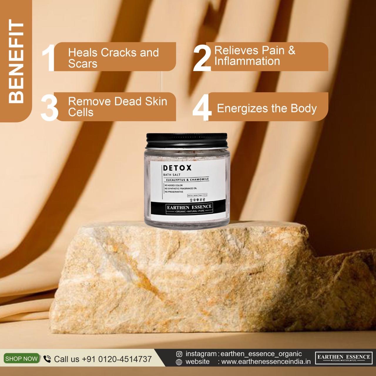 DETOX Bath Salt | with Pure Essential oil EUCALYPTUS & CHAMOMILE | Mix of Epsom Salt, Himalayan Salt, and Sea Salt, Vitamin C & E | for Body & Foot Spa | Calming, Relaxing, Muscle Pain Relief, Aromatherapy | 100gm