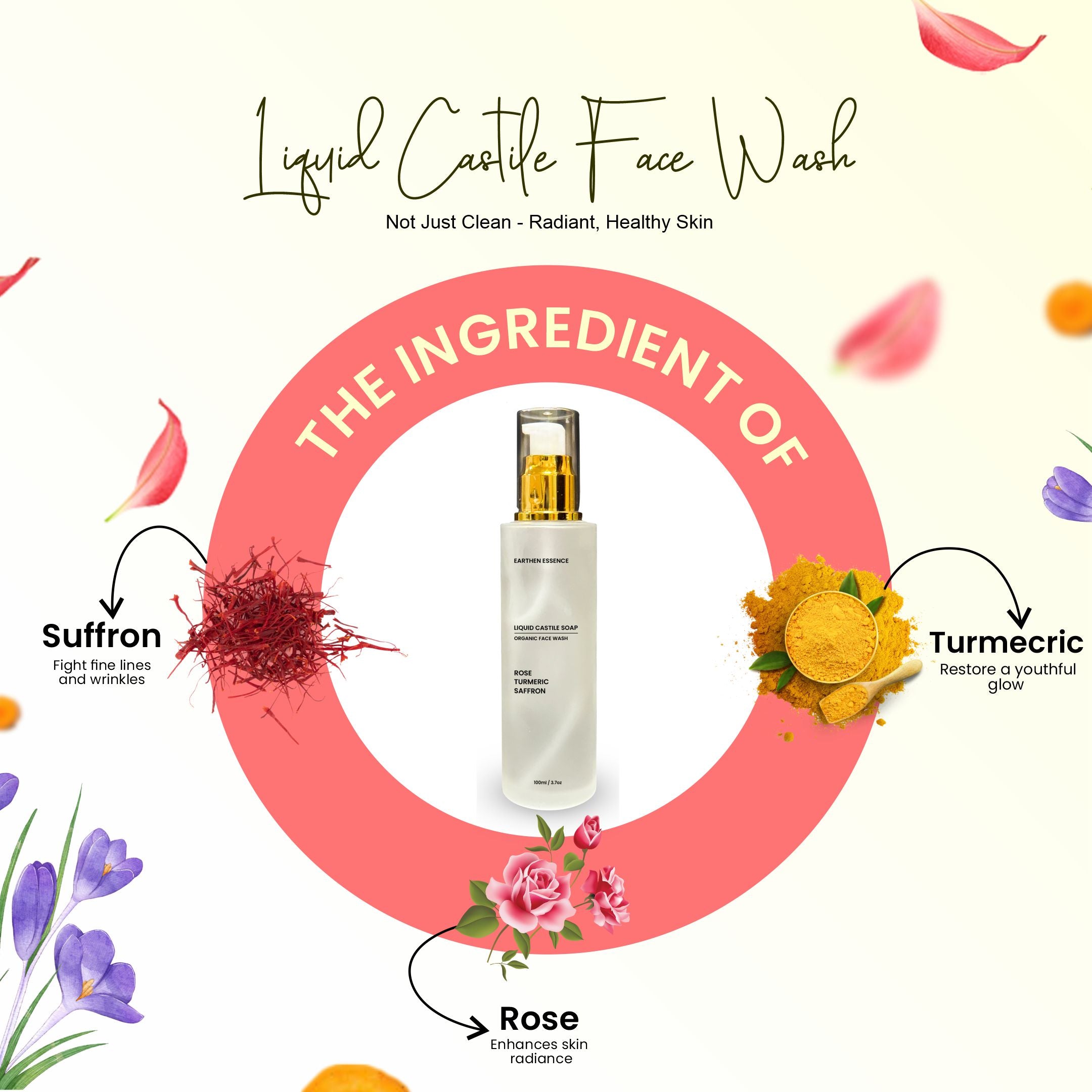 Organic CASTILE FACE WASH with Rose, Turmeric & Saffron | Skin Brightening, Tan Removal, Hydrating, Nourishing & Gently Exfoliating | Cruelty-free & 100% Vegan | 100ml