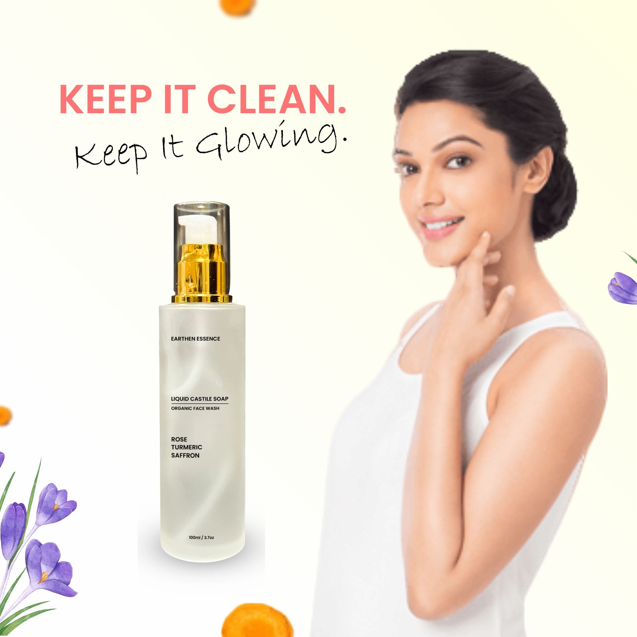 Organic CASTILE FACE WASH with Rose, Turmeric & Saffron | Skin Brightening, Tan Removal, Hydrating, Nourishing & Gently Exfoliating | Cruelty-free & 100% Vegan | 100ml