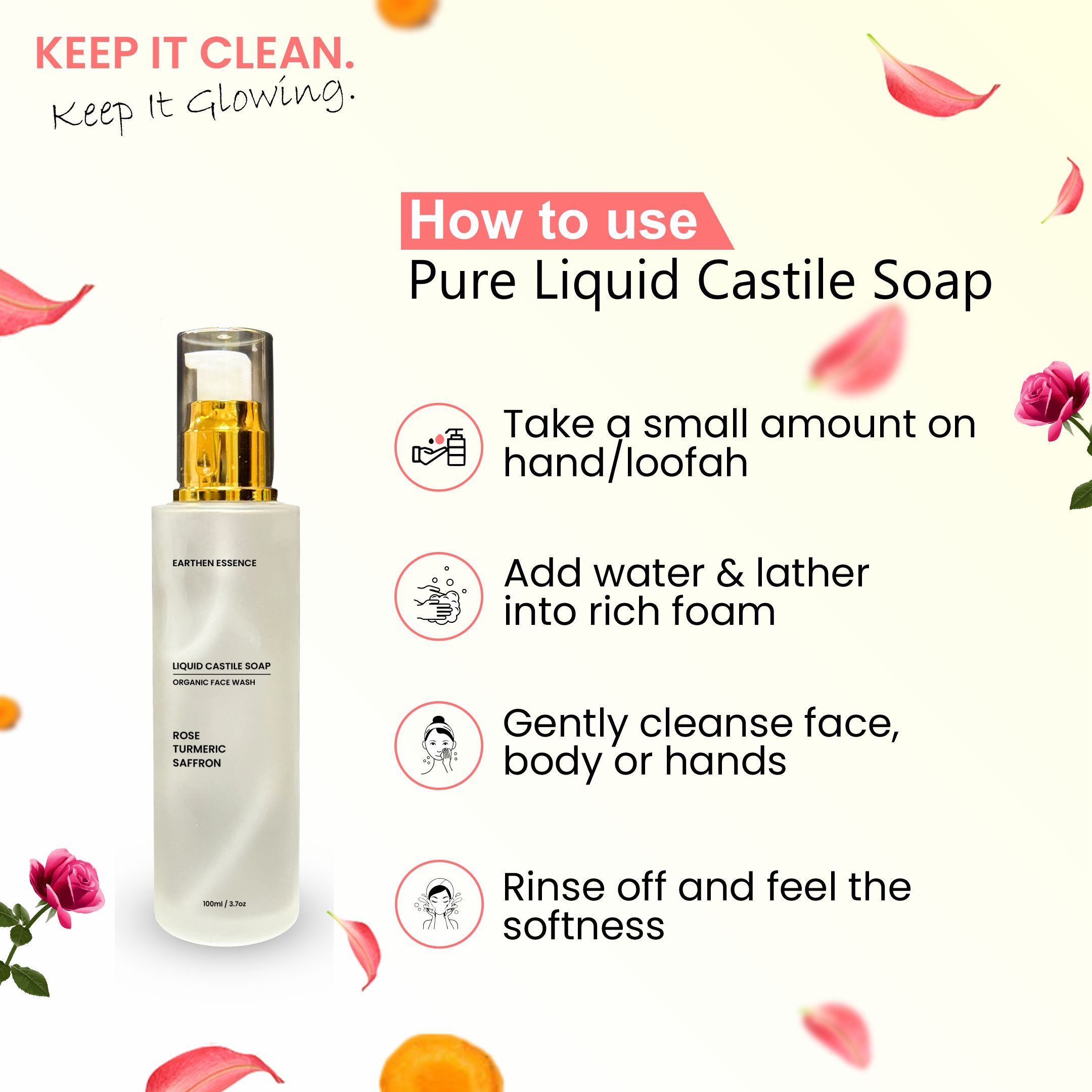 Organic CASTILE FACE WASH with Rose, Turmeric & Saffron | Skin Brightening, Tan Removal, Hydrating, Nourishing & Gently Exfoliating | Cruelty-free & 100% Vegan | 100ml