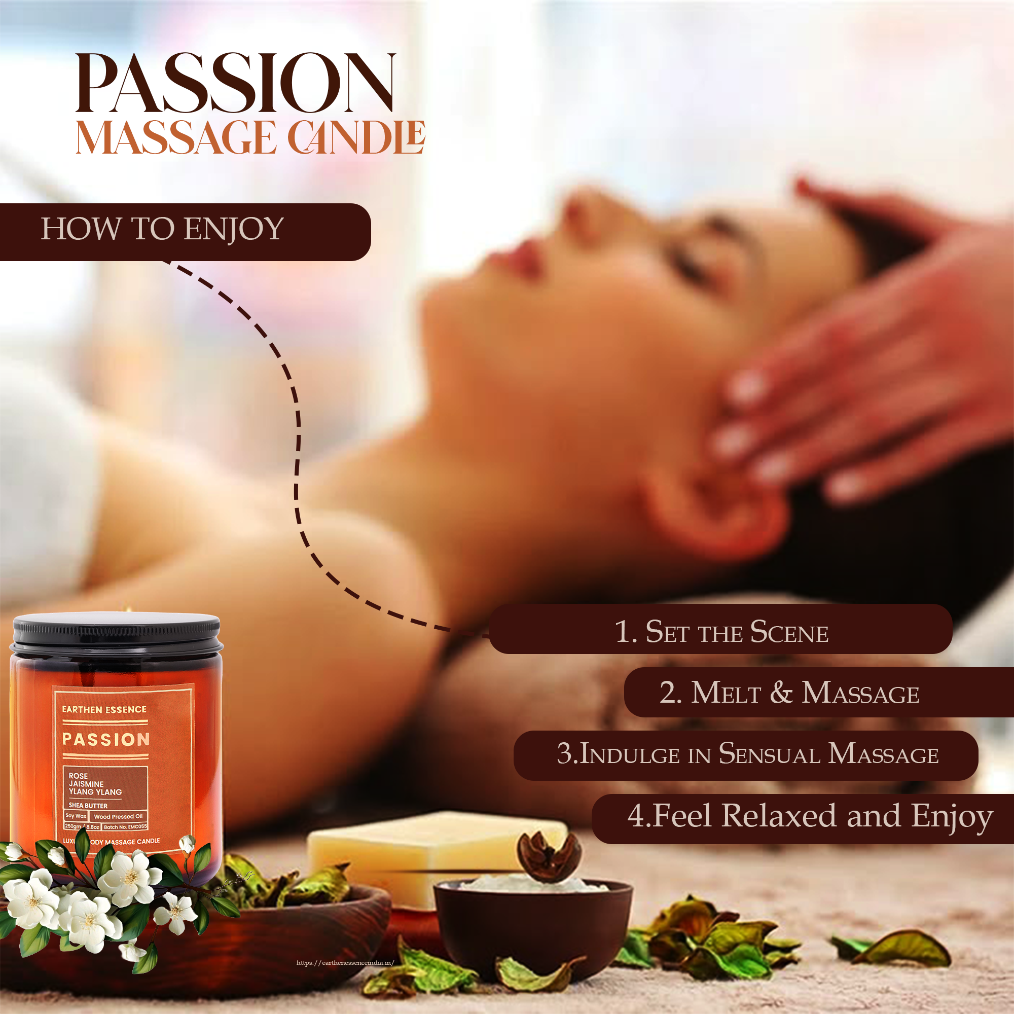 Organic Massage Candle PASSION | Luxurious and Nourishing Massage Serum Candle | With Pure Soy Wax Candle, Wood Pressed Jojoba Oil, Pure essential oil Rose, Jasmine and Ylang Ylang & Shea butter | 250 gm.
