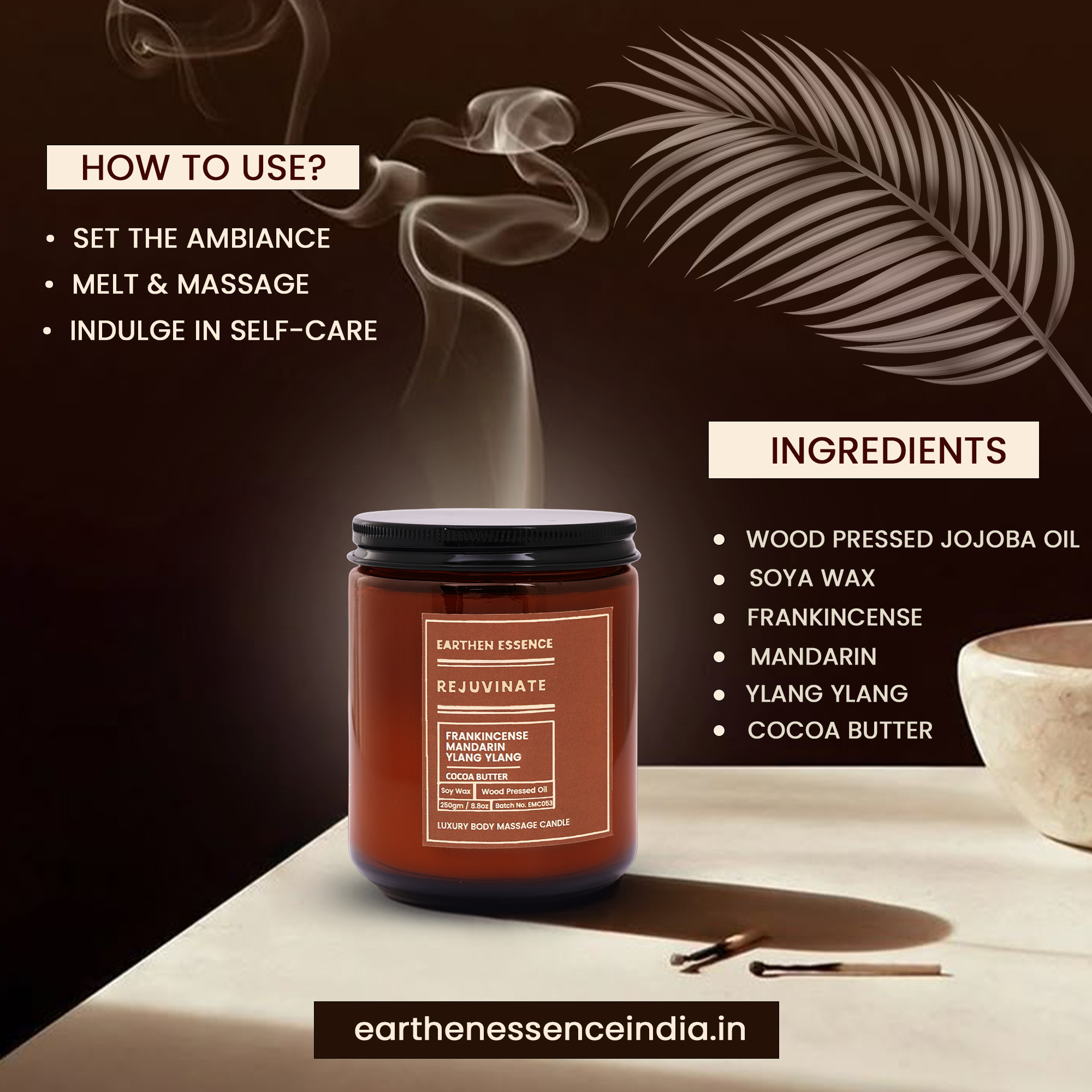 Organic Massage Candle REJUVINATE | Luxurious and Nourishing Massage Serum Candle | With Pure Soy Wax Candle, Wood Pressed Jojoba Oil, Essential oil Frankincense, Mandarin and Ylang Ylang & Shea butter | 250 gm