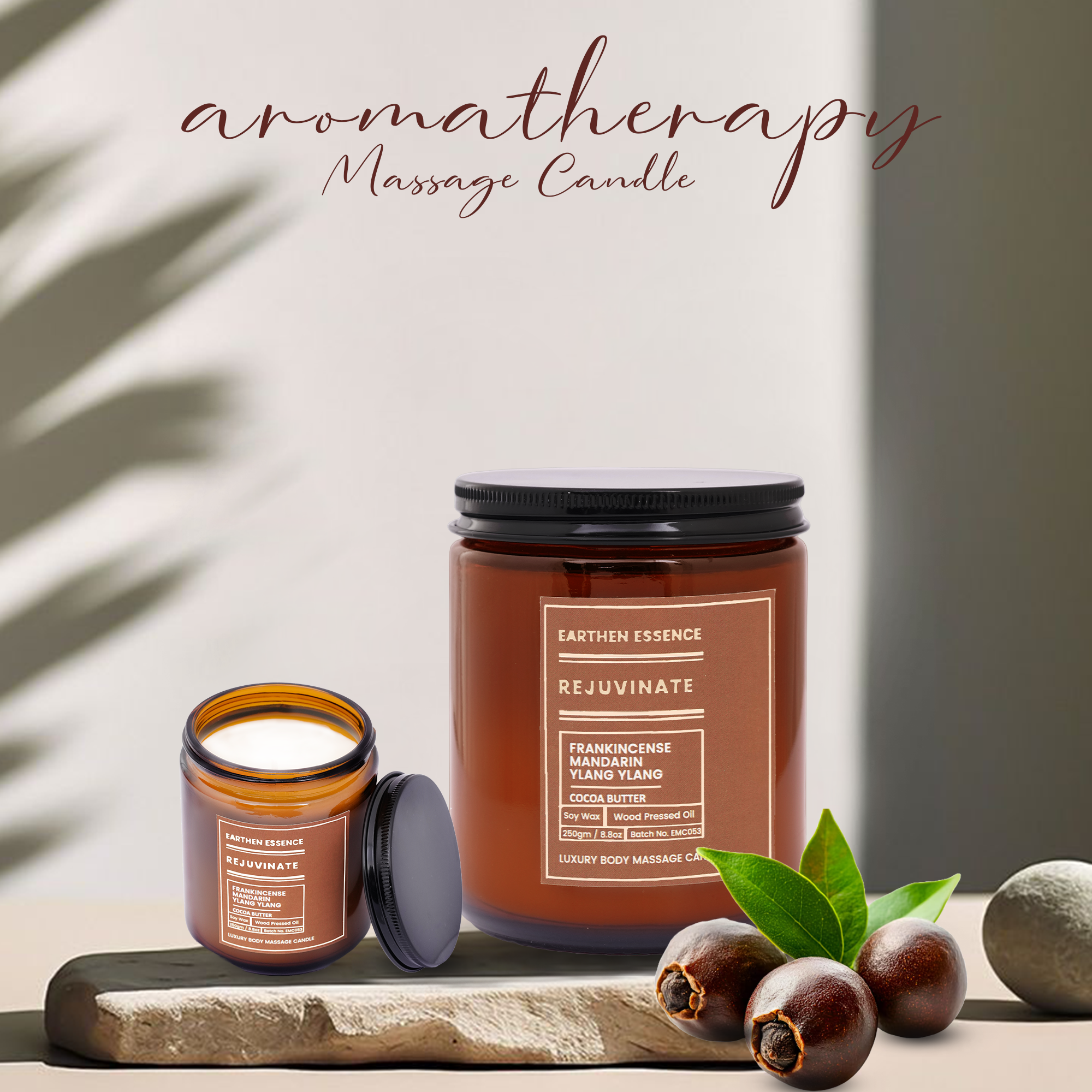 Organic Massage Candle REJUVINATE | Luxurious and Nourishing Massage Serum Candle | With Pure Soy Wax Candle, Wood Pressed Jojoba Oil, Essential oil Frankincense, Mandarin and Ylang Ylang & Shea butter | 250 gm