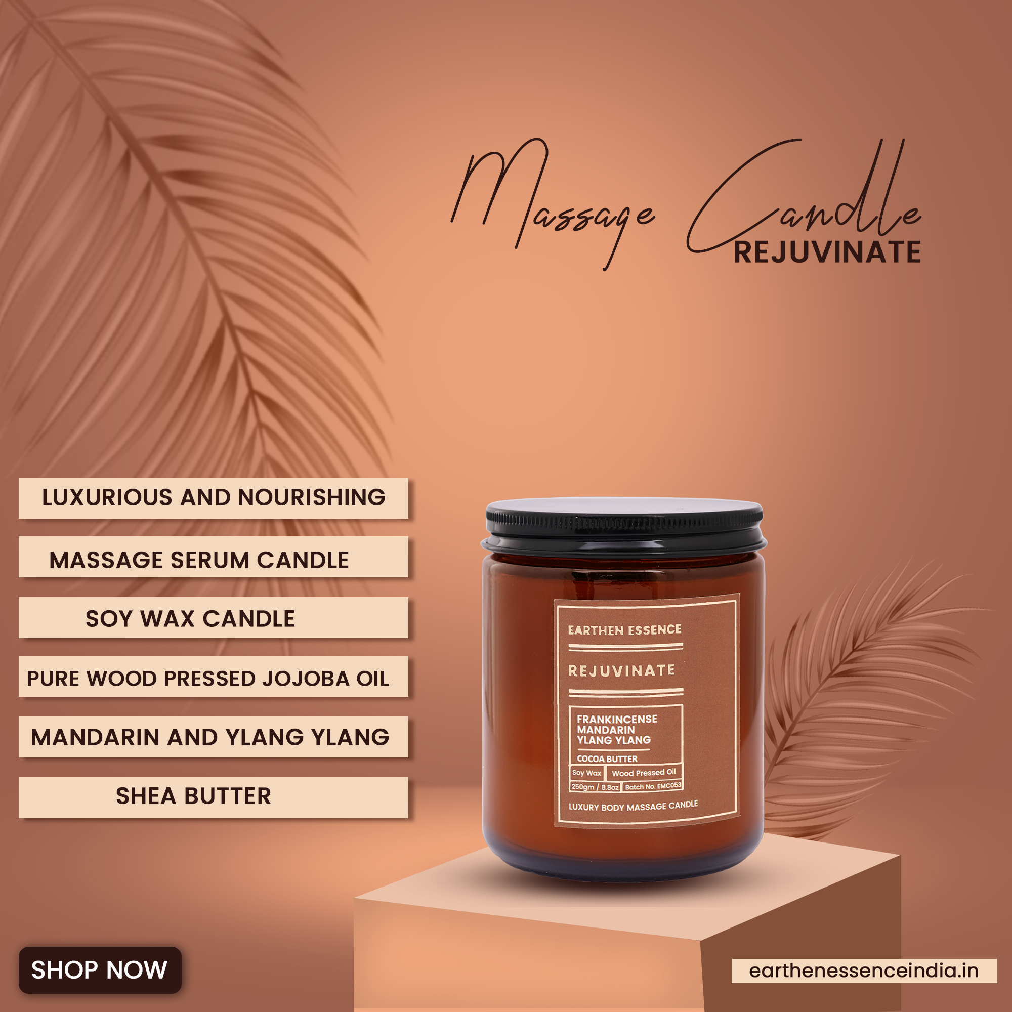 Organic Massage Candle REJUVINATE | Luxurious and Nourishing Massage Serum Candle | With Pure Soy Wax Candle, Wood Pressed Jojoba Oil, Essential oil Frankincense, Mandarin and Ylang Ylang & Shea butter | 250 gm