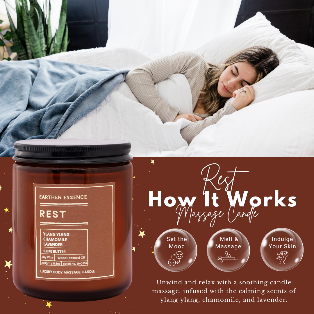 Organic Massage Candle REST | Luxurious and Nourishing Massage Serum Candle | With Pure Soy Wax, Wood Pressed Jojoba Oil, Essential Oil Lavender, Ylang Ylang, Chamomile & Illipe butter| 250 gm.