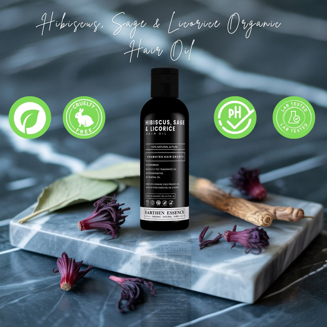 HIBISCUS, SAGE & LICORICE Organic Hair Oil | Hair Oil for Hair growth, Hair fall control, Anti Dandruff & Split ends | Light Hair Oil for Men & Women 100% Pure, Natural & Organic | 100ml