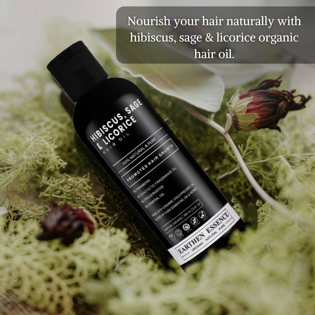 HIBISCUS, SAGE & LICORICE Organic Hair Oil | Hair Oil for Hair growth, Hair fall control, Anti Dandruff & Split ends | Light Hair Oil for Men & Women 100% Pure, Natural & Organic | 100ml