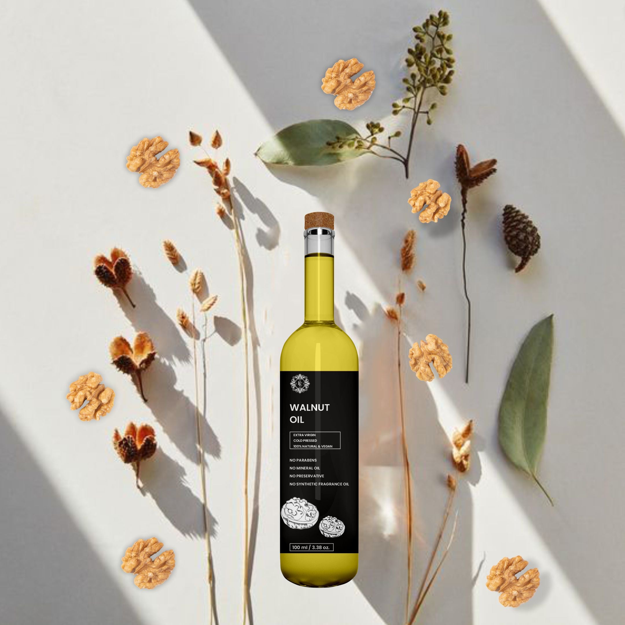 Earthen Essence Organic Wood Pressed WALNUT Oil | Rich With Antioxidant & Omega 3 | for Skin Care, Nourished Hair & Body | Extracted with Traditional Wood Pressed Method | 100 ml