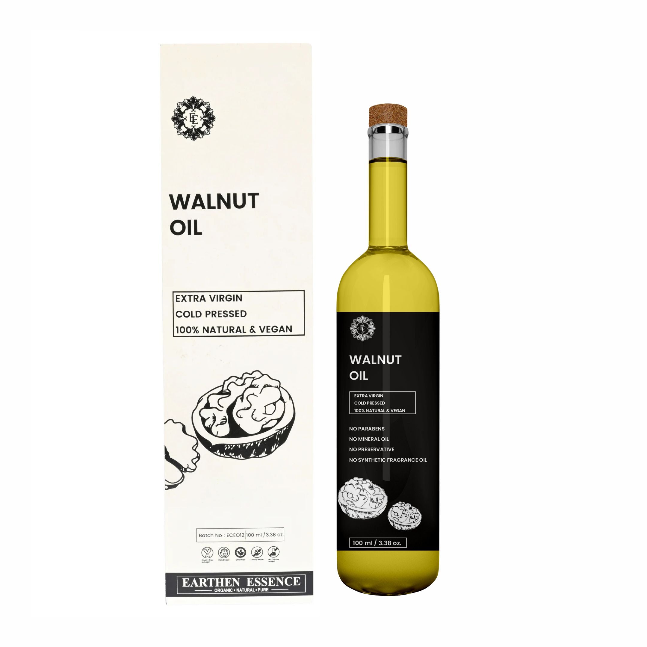 Earthen Essence Organic Wood Pressed WALNUT Oil | Rich With Antioxidant & Omega 3 | for Skin Care, Nourished Hair & Body | Extracted with Traditional Wood Pressed Method | 100 ml