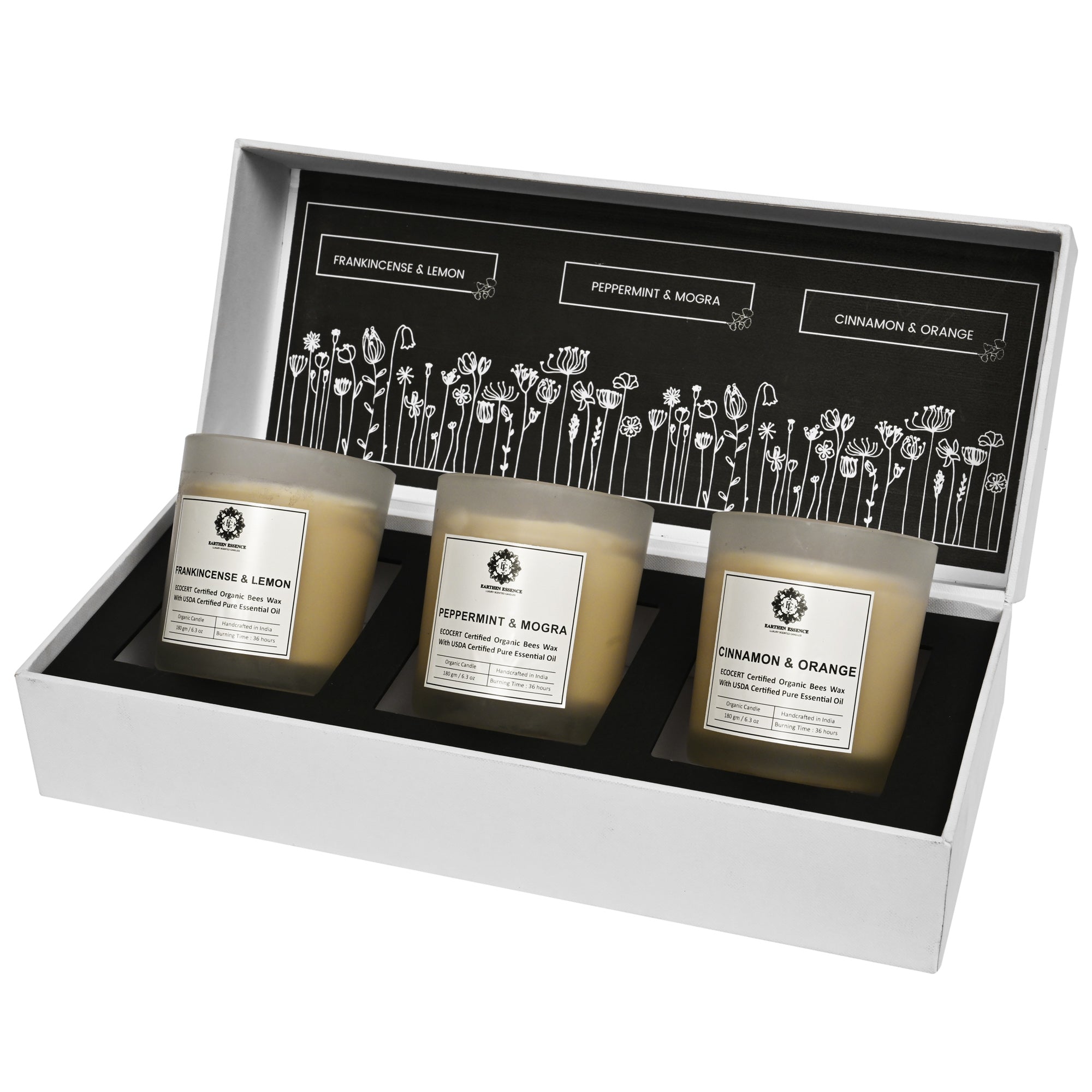 Organic Ecocert Certified Beeswax Candle With PEPPERMINT & MOGRA Essential oil | Clean Burning With Wooden Wick | Smokeless & Non-Toxic Candles | 180gm