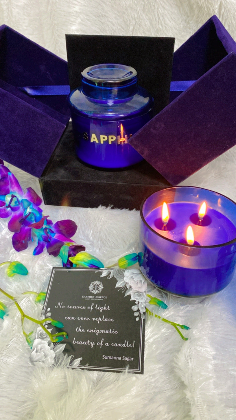 Luxury Scented Candle SAPPHIRE |   Luxury Scented Candle| Serene Aroma | 100% Natural Soy Wax Eco-friendly | Hand poured 3 Wick Lead Free Cotton wick | 380gm