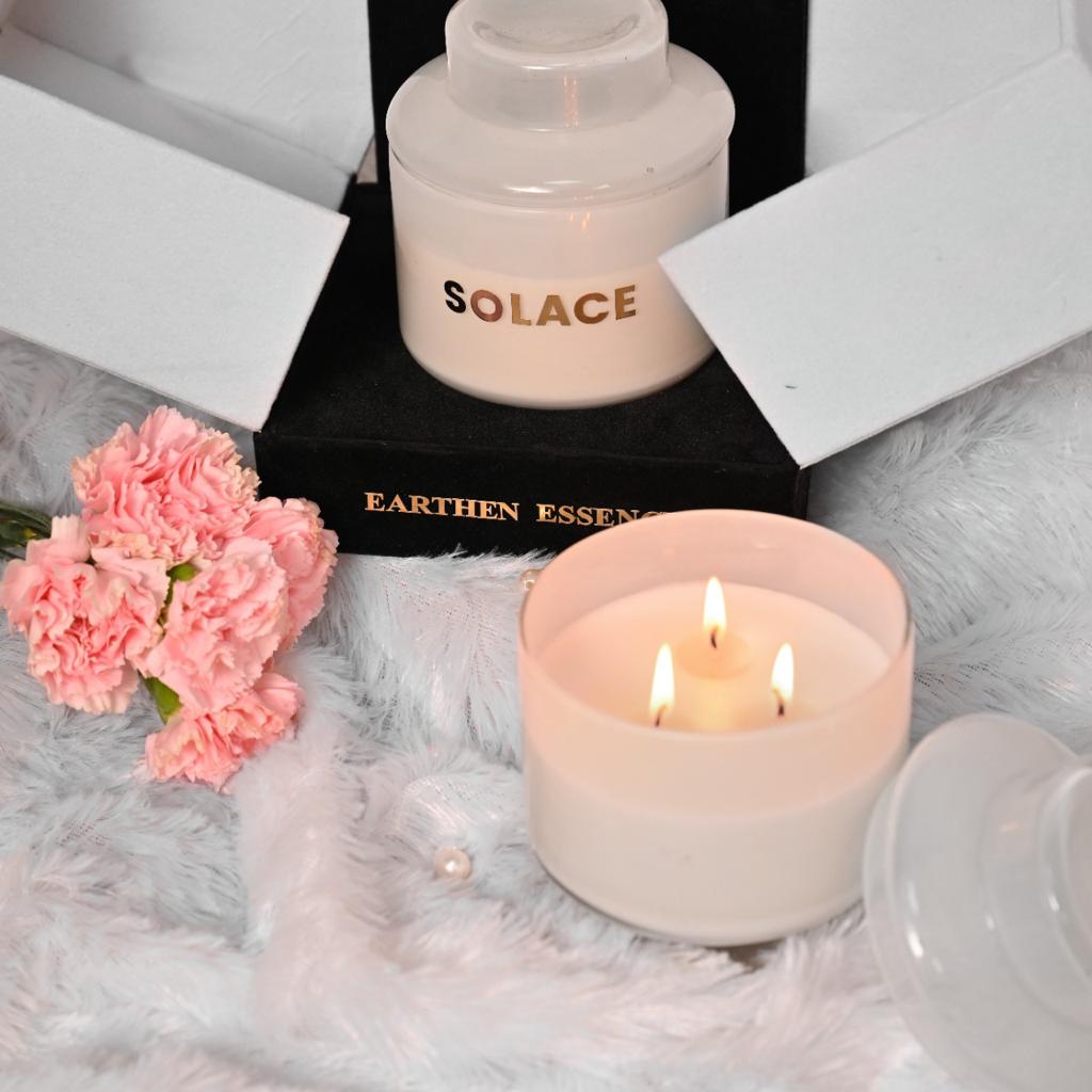 Luxury Scented Candle SOLACE | Luxury Scented Candle| Serene Aroma | 100% Natural Soy Wax Eco-friendly | Hand poured 3 Wick Lead Free Cotton wick | 380gm