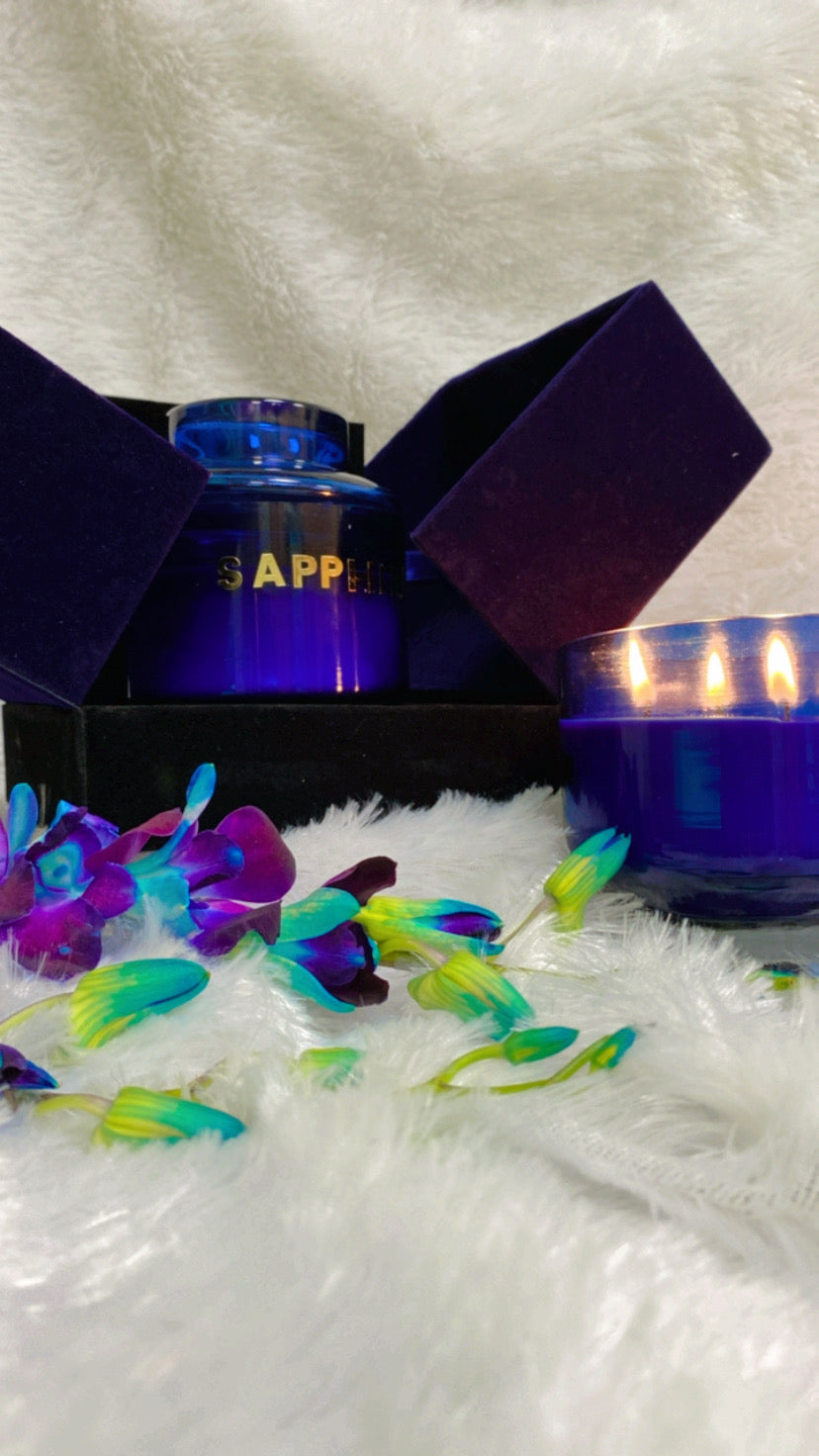 Luxury Scented Candle SAPPHIRE |   Luxury Scented Candle| Serene Aroma | 100% Natural Soy Wax Eco-friendly | Hand poured 3 Wick Lead Free Cotton wick | 380gm