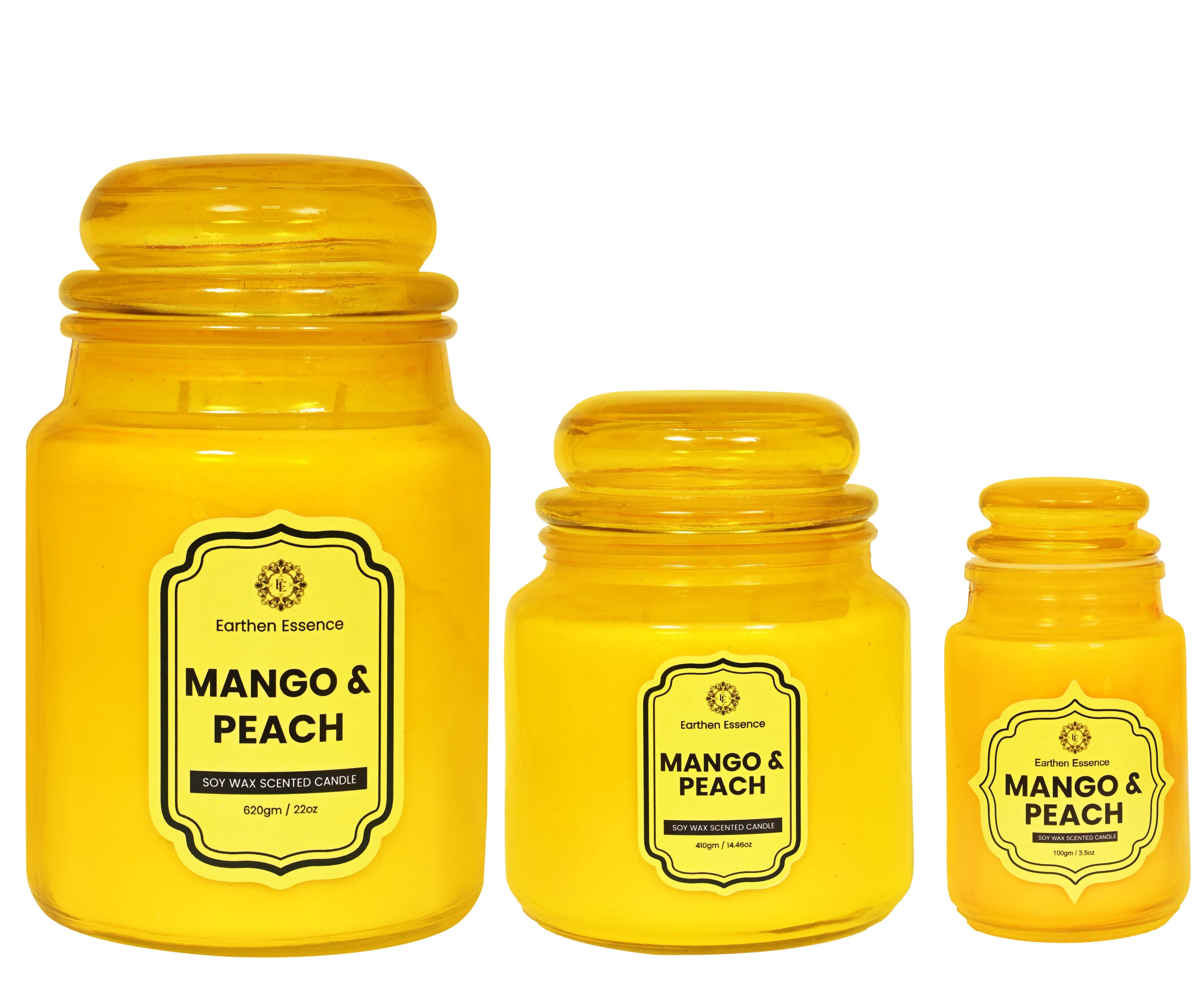 Earthen Essence Yankee Jar Luxury Scented Candle MANGO & PEACH | 100% Natural Soy Wax Eco-friendly | Smokeless & Non-Toxic | Hand poured 3 Wick Lead Free Cotton wick | Re Usable Jar