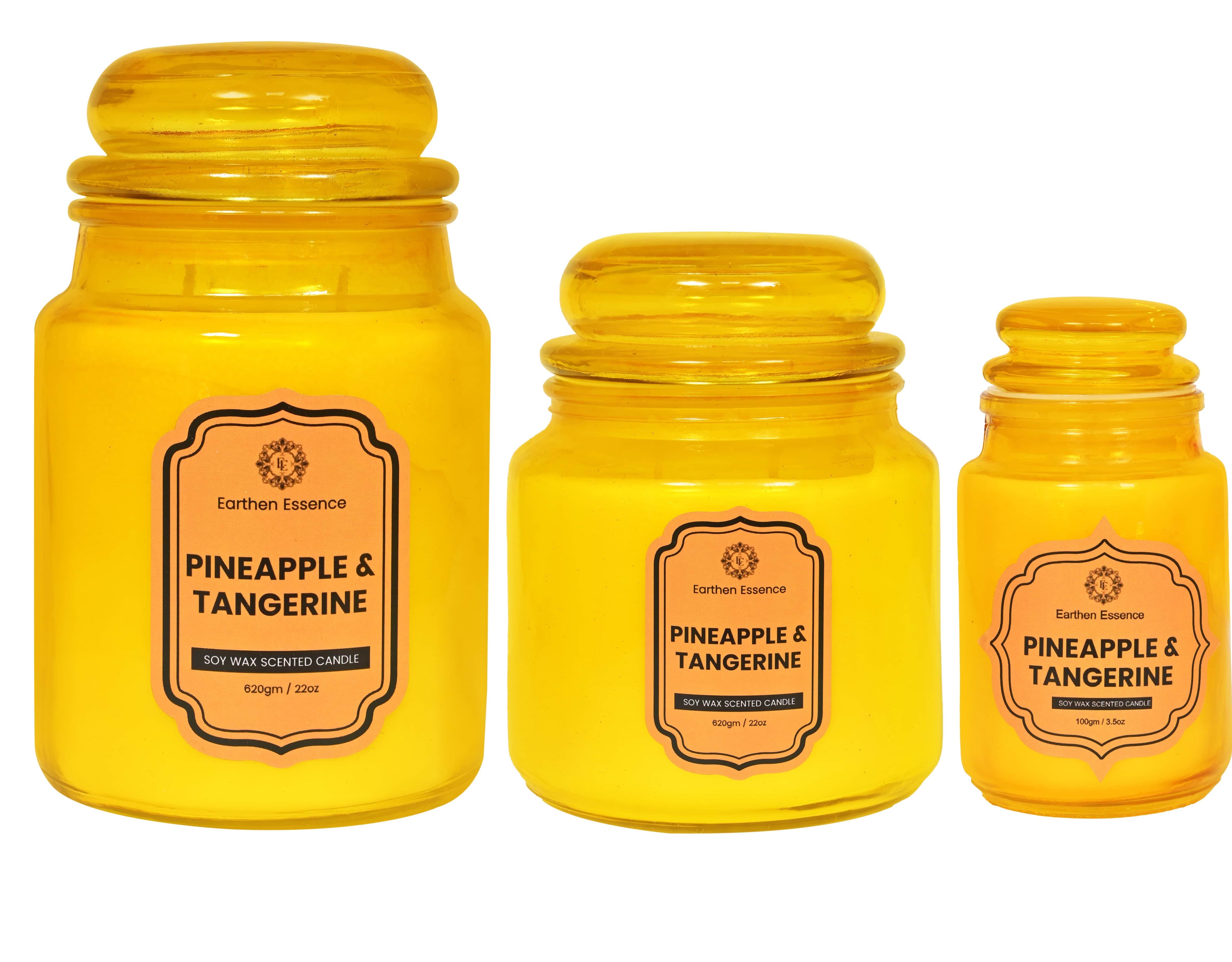 Earthen Essence Yankee Jar Luxury Scented Candle PINEAPPLE & TANGERINE | 100% Natural Soy Wax Eco-friendly | Smokeless & Non-Toxic | Hand poured 3 Wick Lead Free Cotton wick | Re Usable Jar