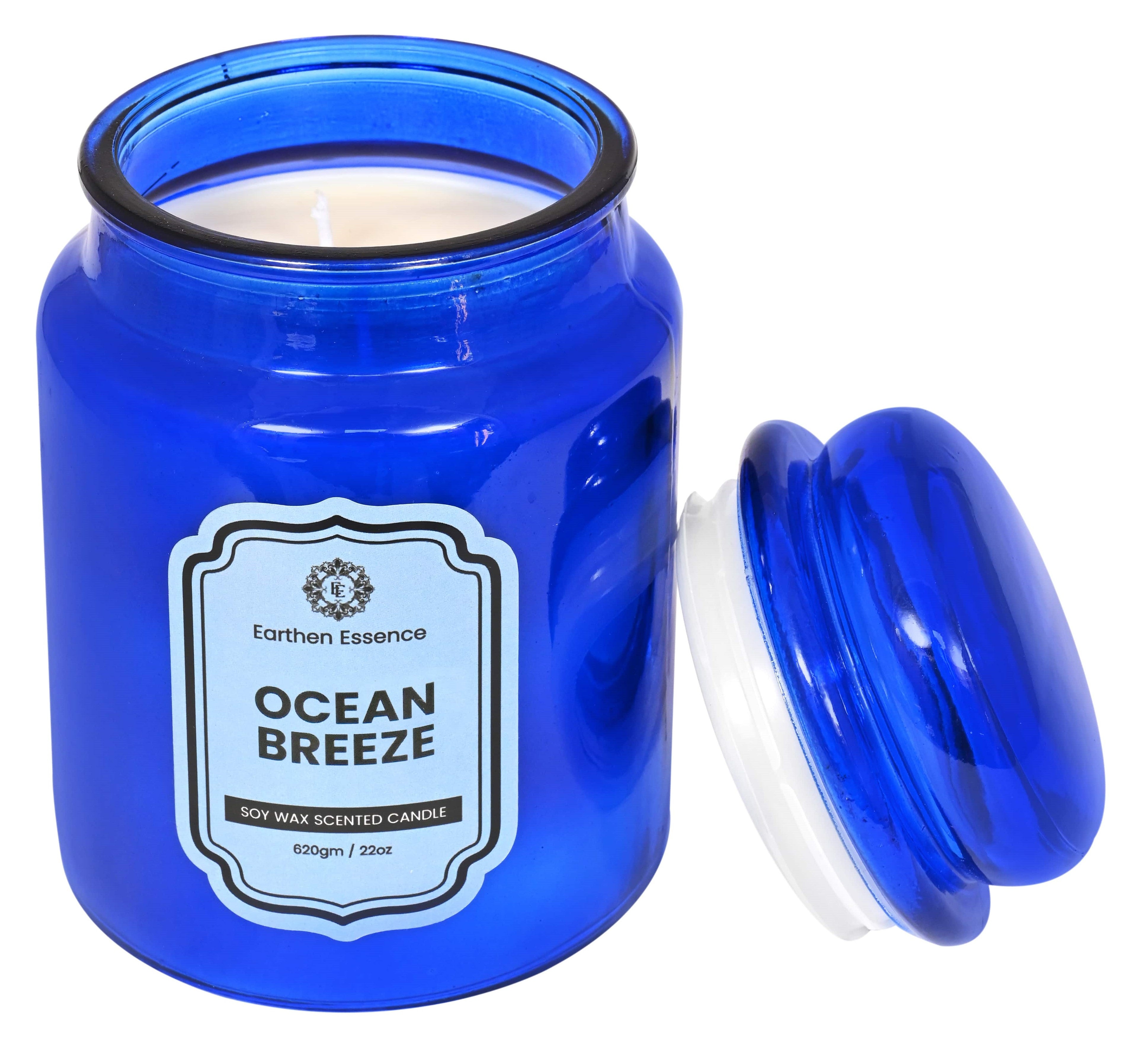 Earthen Essence Yankee Jar Luxury Scented Candle OCEAN BREEZE | 100% Natural Soy Wax Eco-friendly | Smokeless & Non-Toxic | Hand poured 3 Wick Lead Free Cotton wick | Re Usable Jar