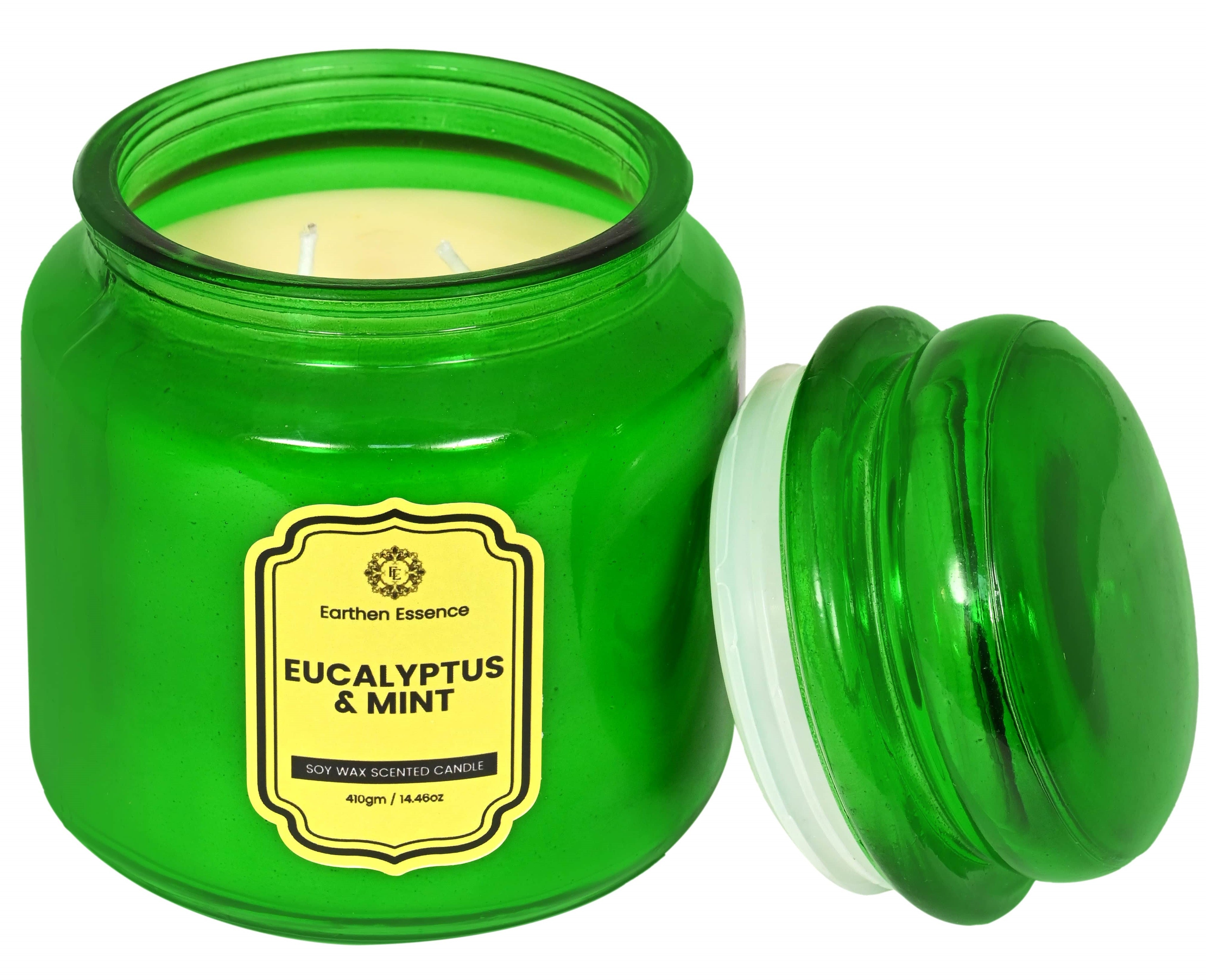 Earthen Essence Yankee Jar Luxury Scented Candle EUCALYPTUS & MINT | 100% Natural Soy Wax Eco-friendly | Smokeless & Non-Toxic | Hand poured 3 Wick Lead Free Cotton wick | Re Usable Jar