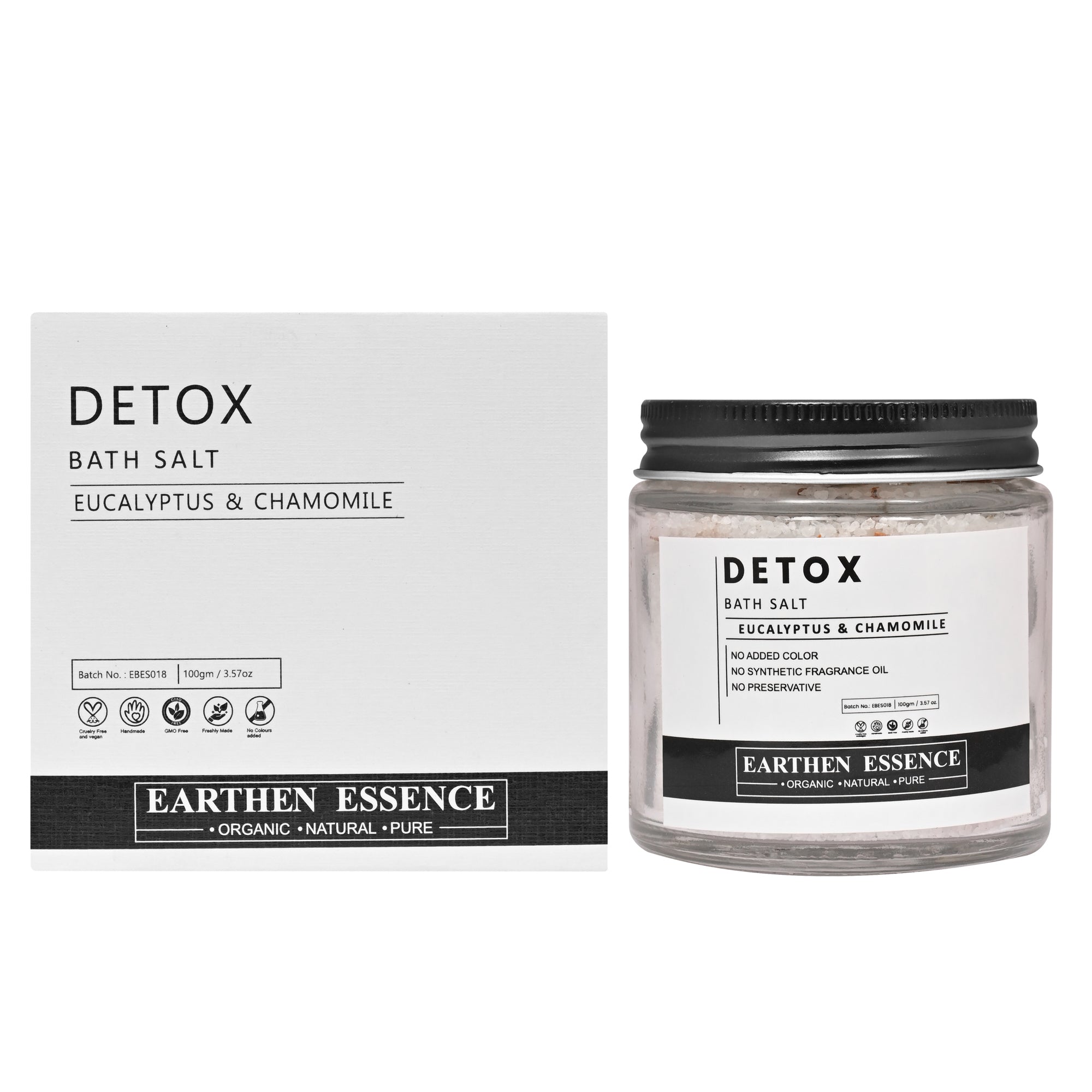 DETOX Bath Salt | with Pure Essential oil EUCALYPTUS & CHAMOMILE | Mix of Epsom Salt, Himalayan Salt, and Sea Salt, Vitamin C & E | for Body & Foot Spa | Calming, Relaxing, Muscle Pain Relief, Aromatherapy | 100gm