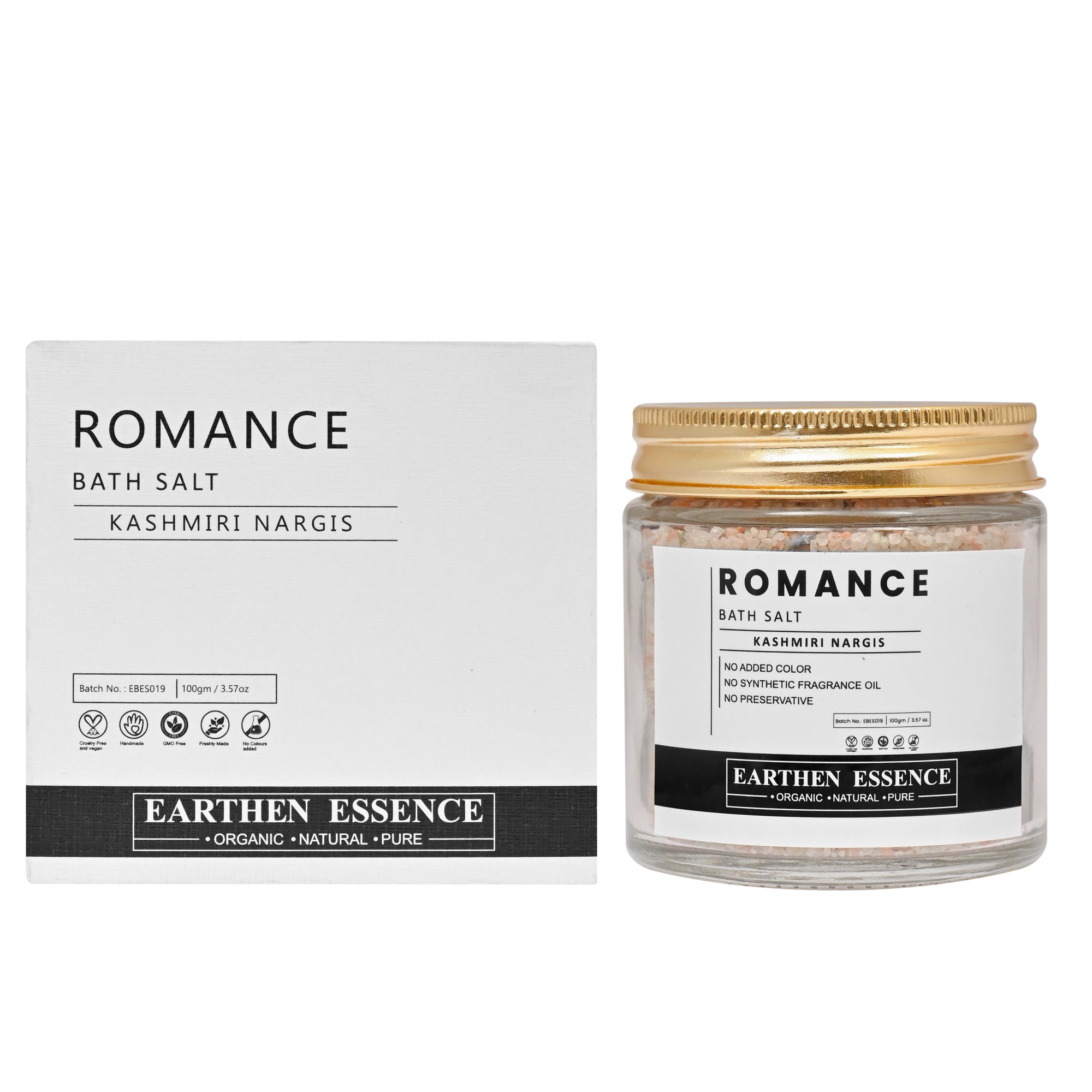 ROMANCE Bath Salt | with Pure essential Oil KASHMIRI NARGIS | Mix of Epsom Salt, Himalayan Salt, and Sea Salt, Vitamin C & E | Romance, Indulge, Relax and Glow | for Body & Foot Spa | 100gm