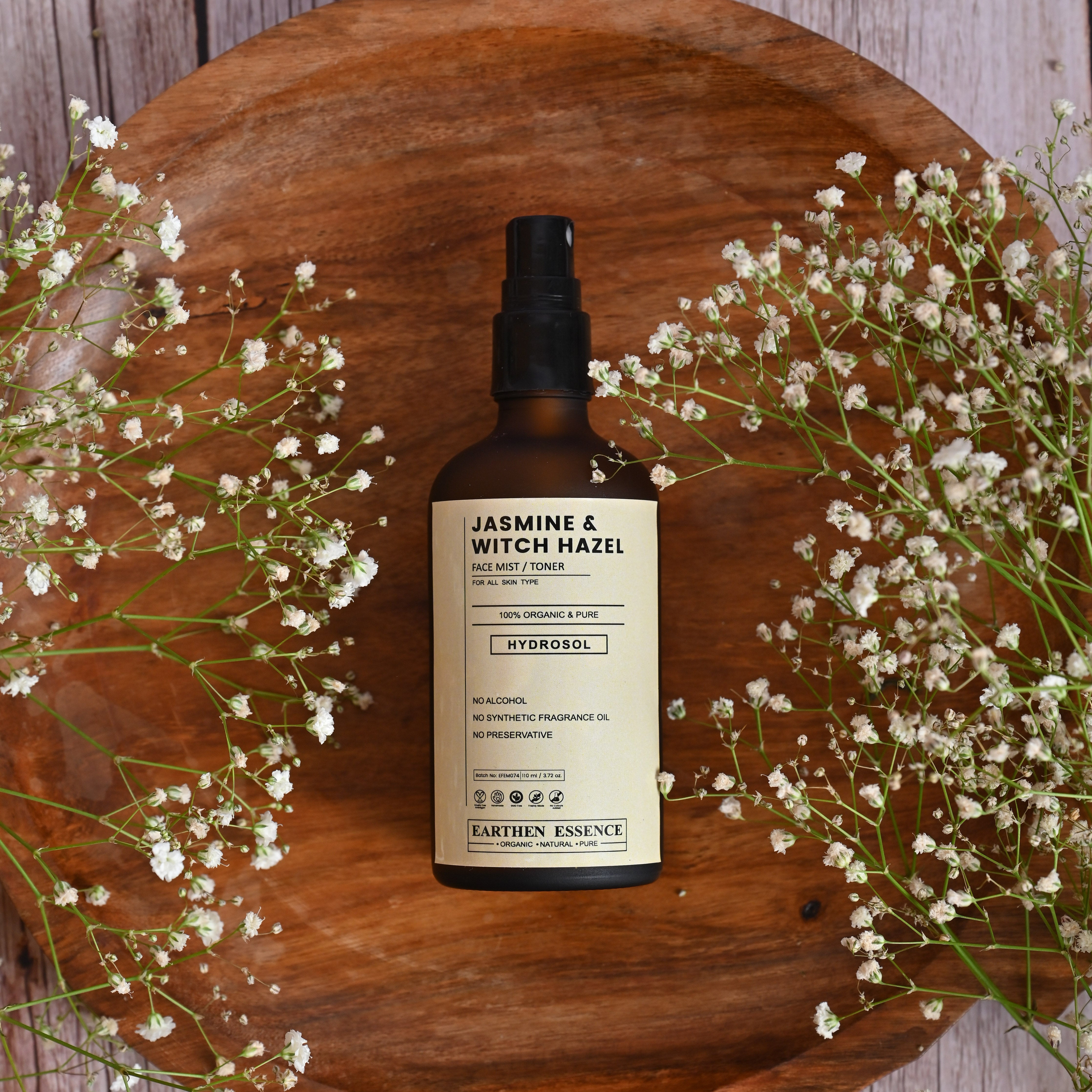 Earthen Essence JASMINE & WHITCH HAZEL Organic Face Mist / Toner | Pure Hydrosol | Hydrating & Alcohol-Free | Skin Brightening | Tightens Pores, Balances pH | For All Skin Types | 100ml