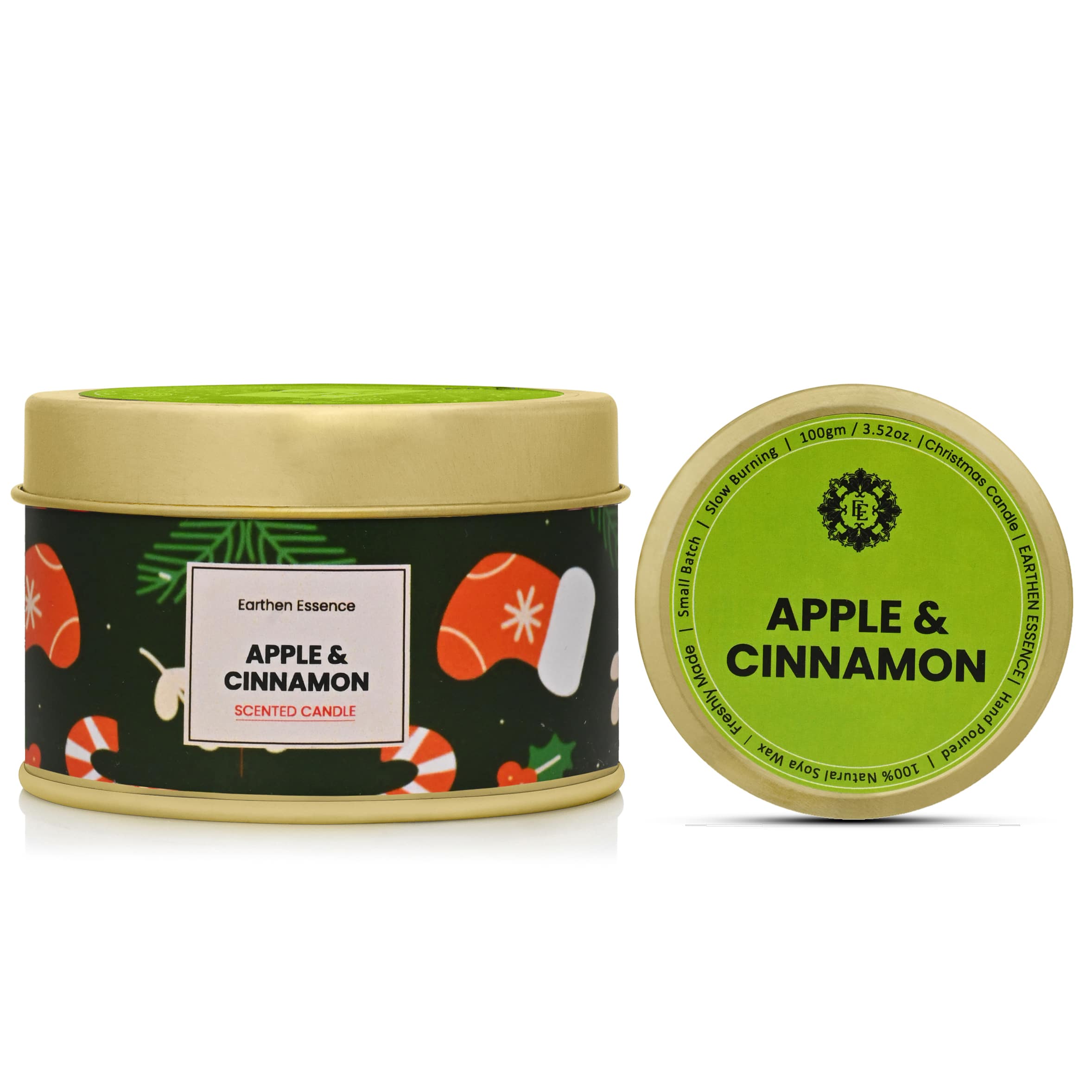 APPLE & CINNAMON Fragrance Pure Soy Wax Luxury Scented Candle | Christmas Candle | 100% Natural Wax & Lead Free Cotton Wick | Upto 18 Hours of Clean Burning | Smokeless & Non-Toxic Candles | 110gm