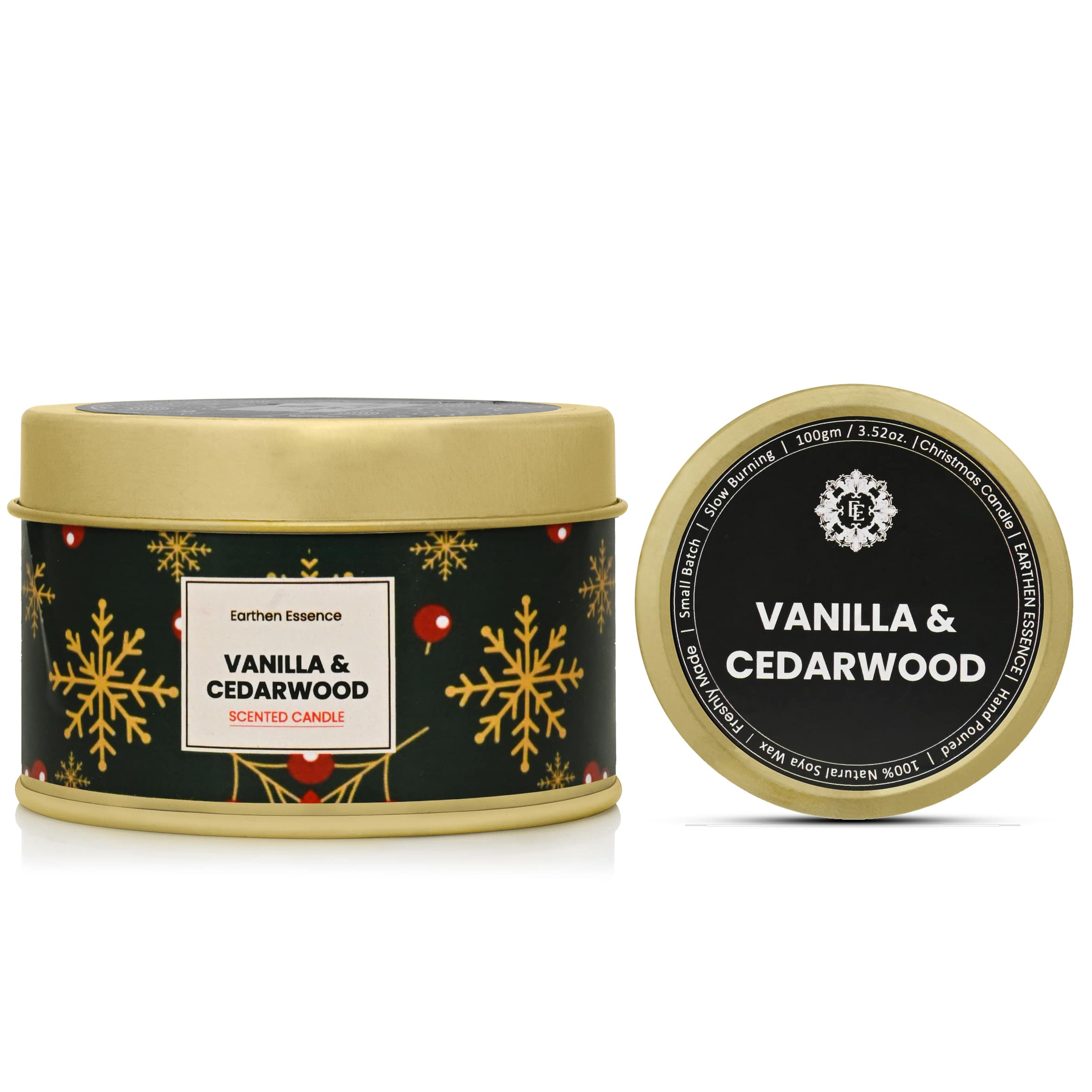 VANILLA & CEDARWOOD Fragrance Pure Soy Wax Luxury Scented Candle | Christmas Candle | | 100% Natural Wax & Lead Free Cotton Wick | Upto 18 Hours of Clean Burning | Smokeless & Non-Toxic Candles | 110gm