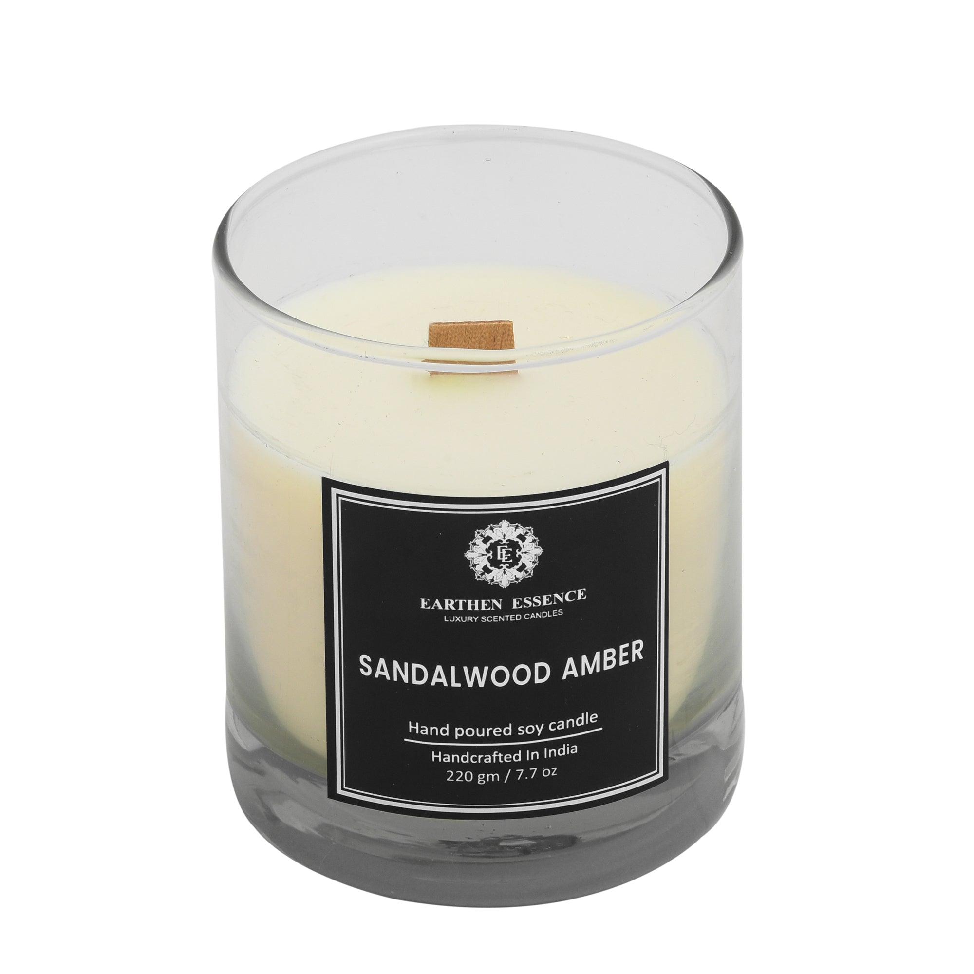 Earthen Essence SANDALWOOD & AMBER Luxury Scented Candle | 100% Natural Soy Wax With Wooden Wick | Smokeless & Non-Toxic Candles | 220gm