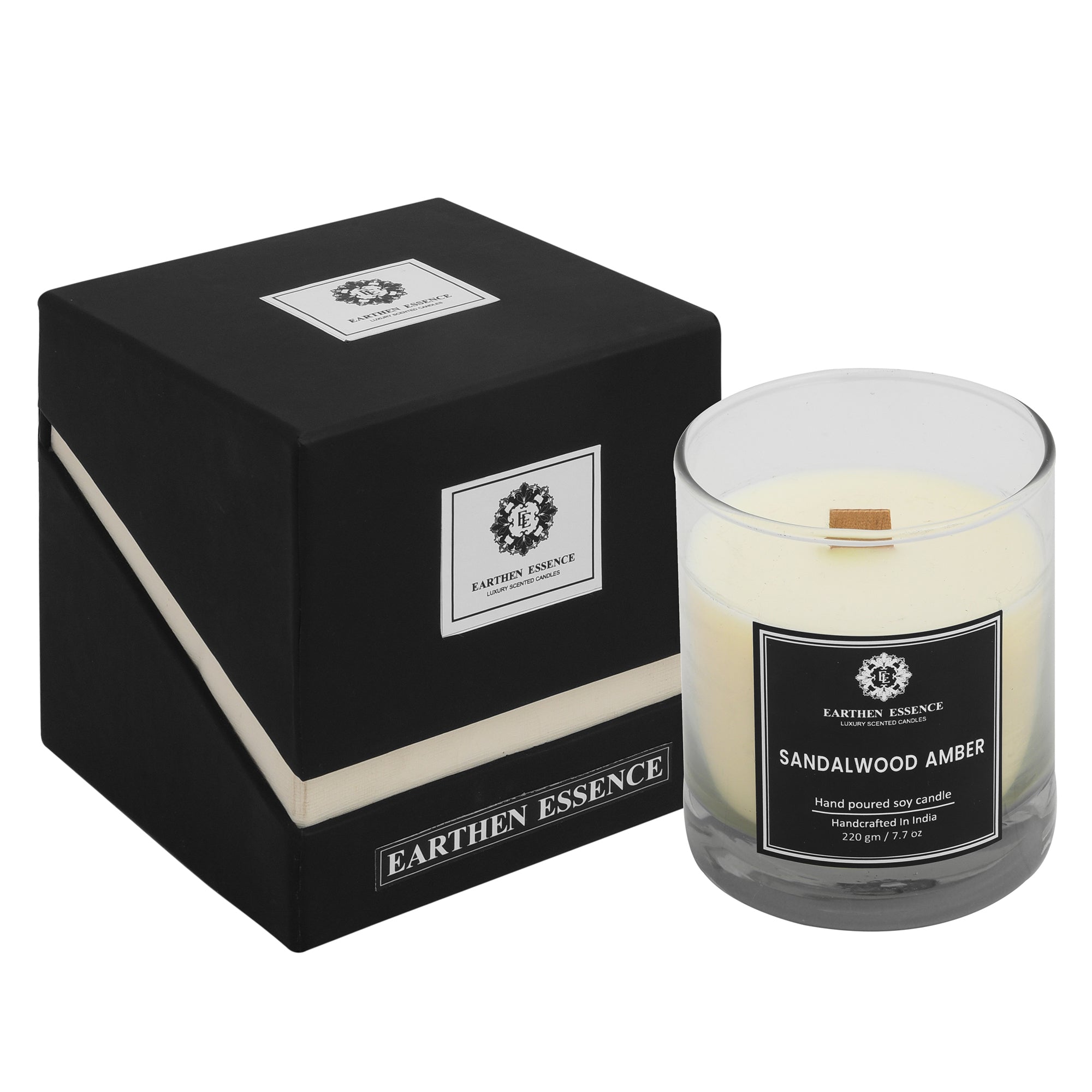 Earthen Essence SANDALWOOD & AMBER Luxury Scented Candle | 100% Natural Soy Wax With Wooden Wick | Smokeless & Non-Toxic Candles | 220gm