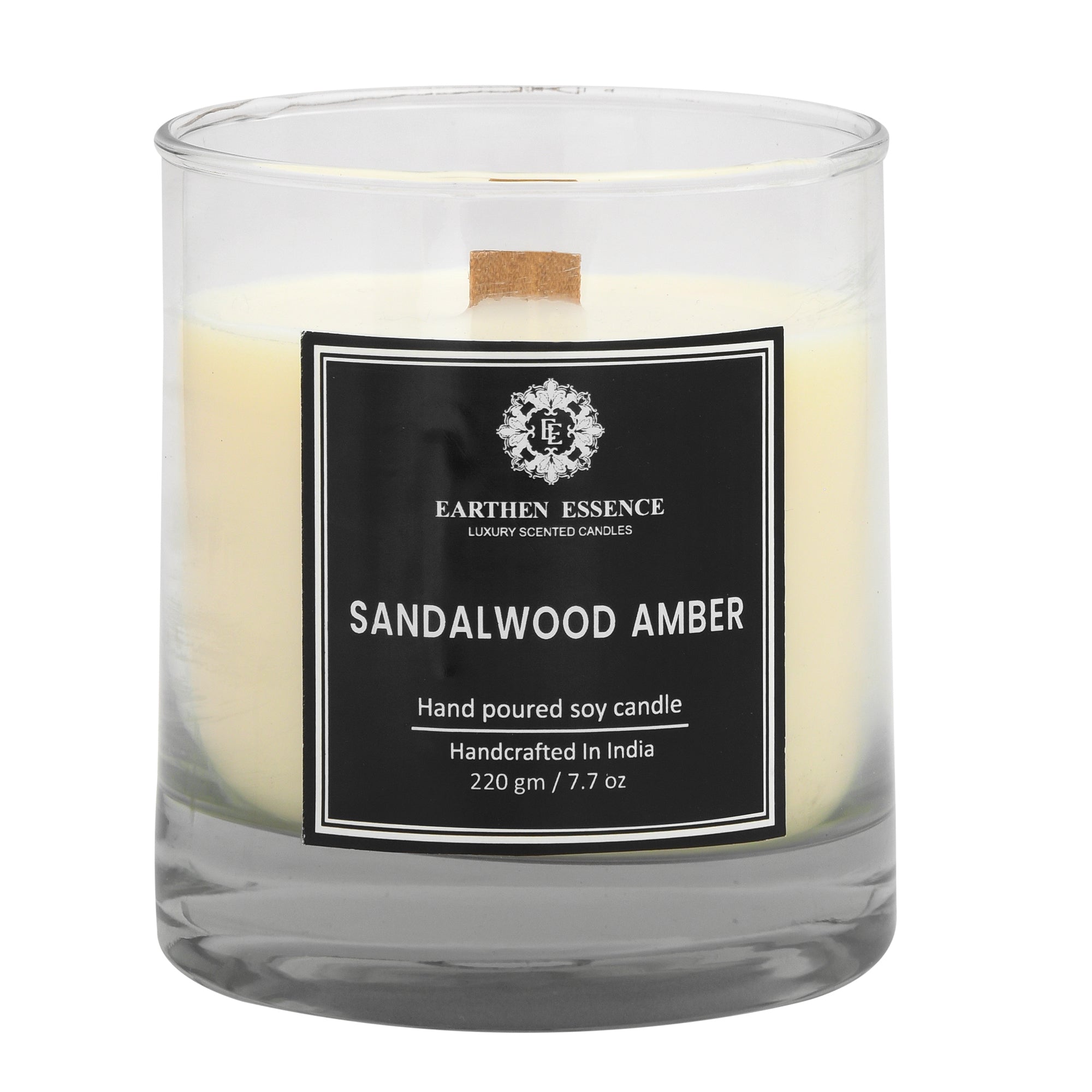 Earthen Essence SANDALWOOD & AMBER Luxury Scented Candle | 100% Natural Soy Wax With Wooden Wick | Smokeless & Non-Toxic Candles | 220gm