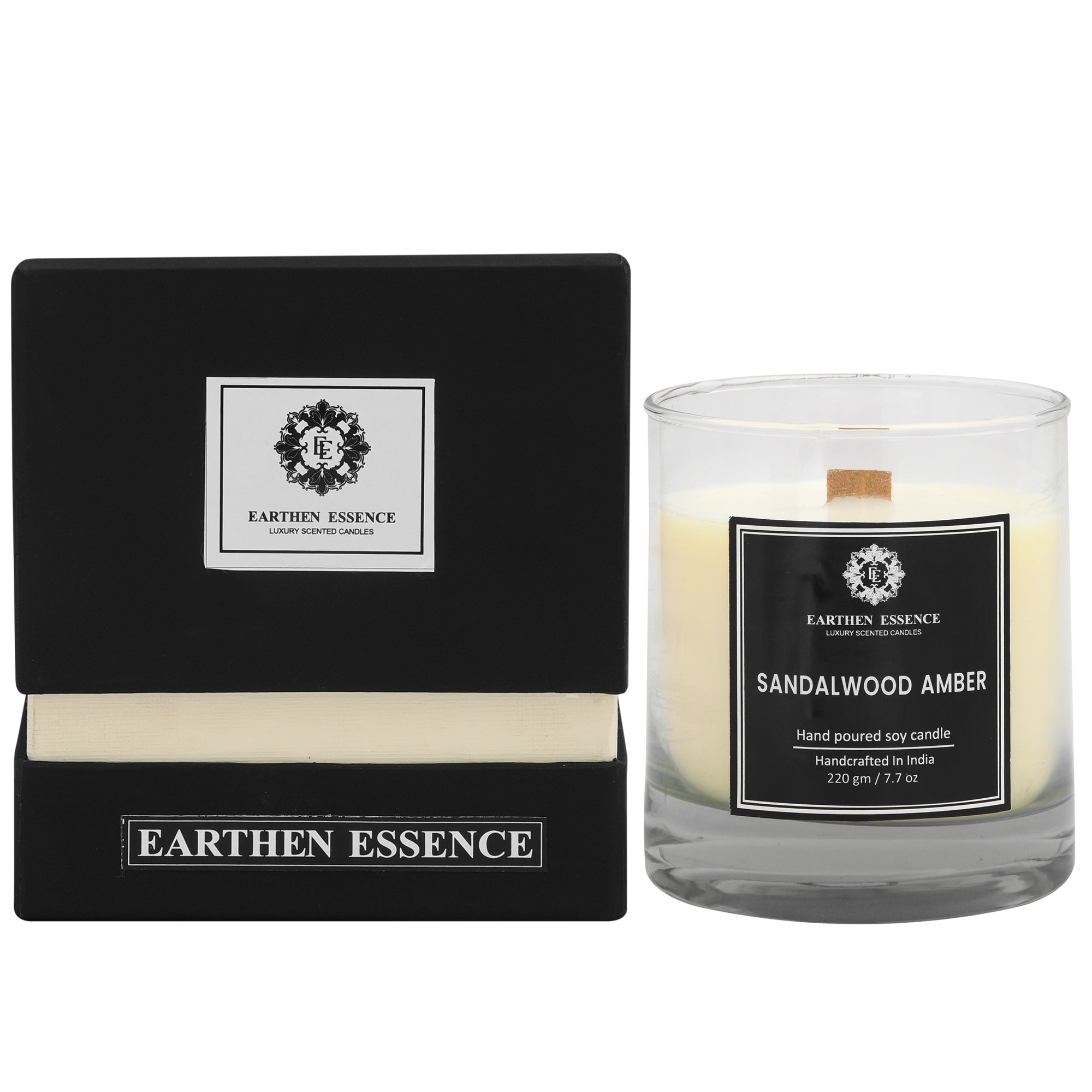 Earthen Essence SANDALWOOD & AMBER Luxury Scented Candle | 100% Natural Soy Wax With Wooden Wick | Smokeless & Non-Toxic Candles | 220gm
