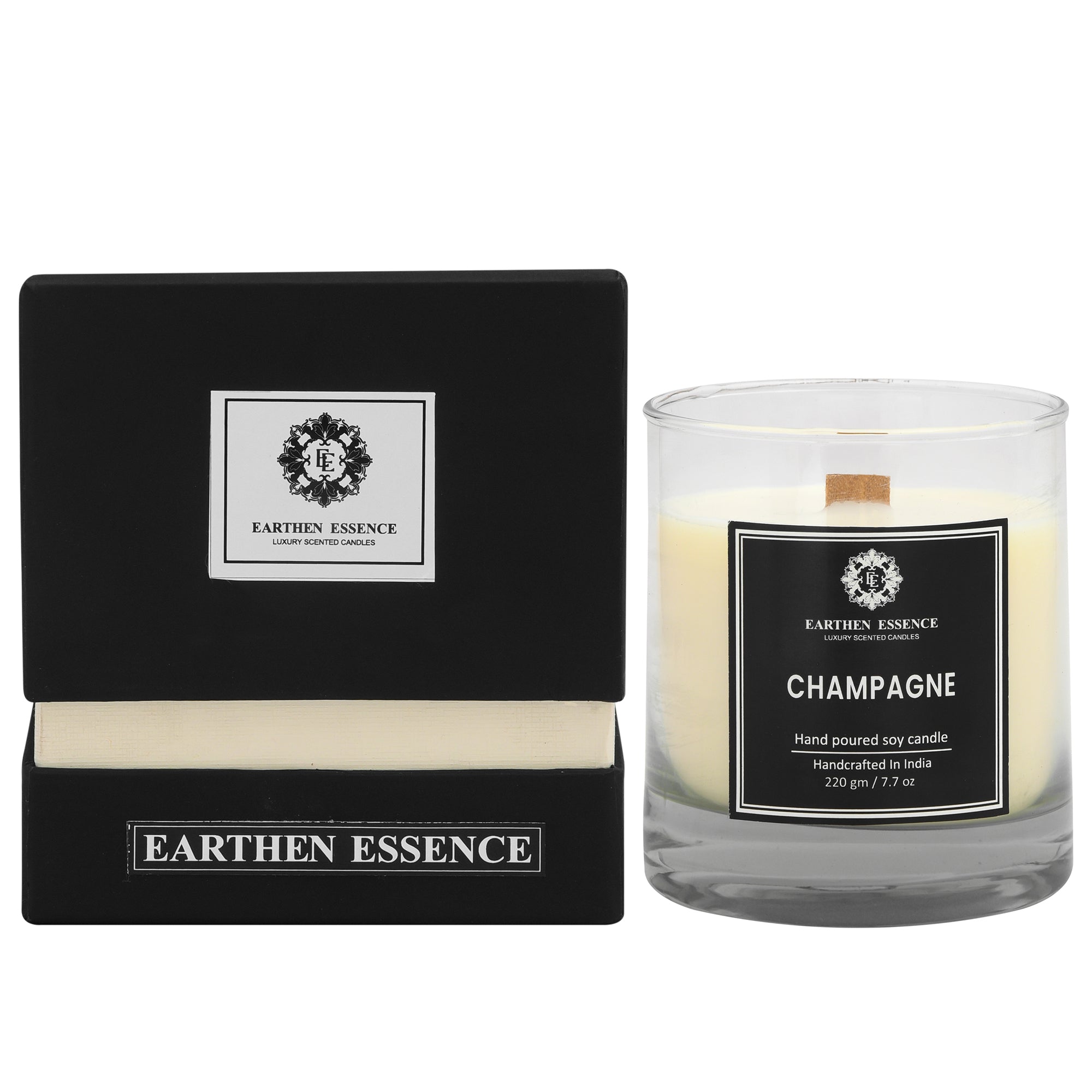 Earthen Essence CHAMPAGNE Luxury Scented Candle | 100% Natural Soy Wax With Wooden Wick | Smokeless & Non-Toxic Candles | 220gm