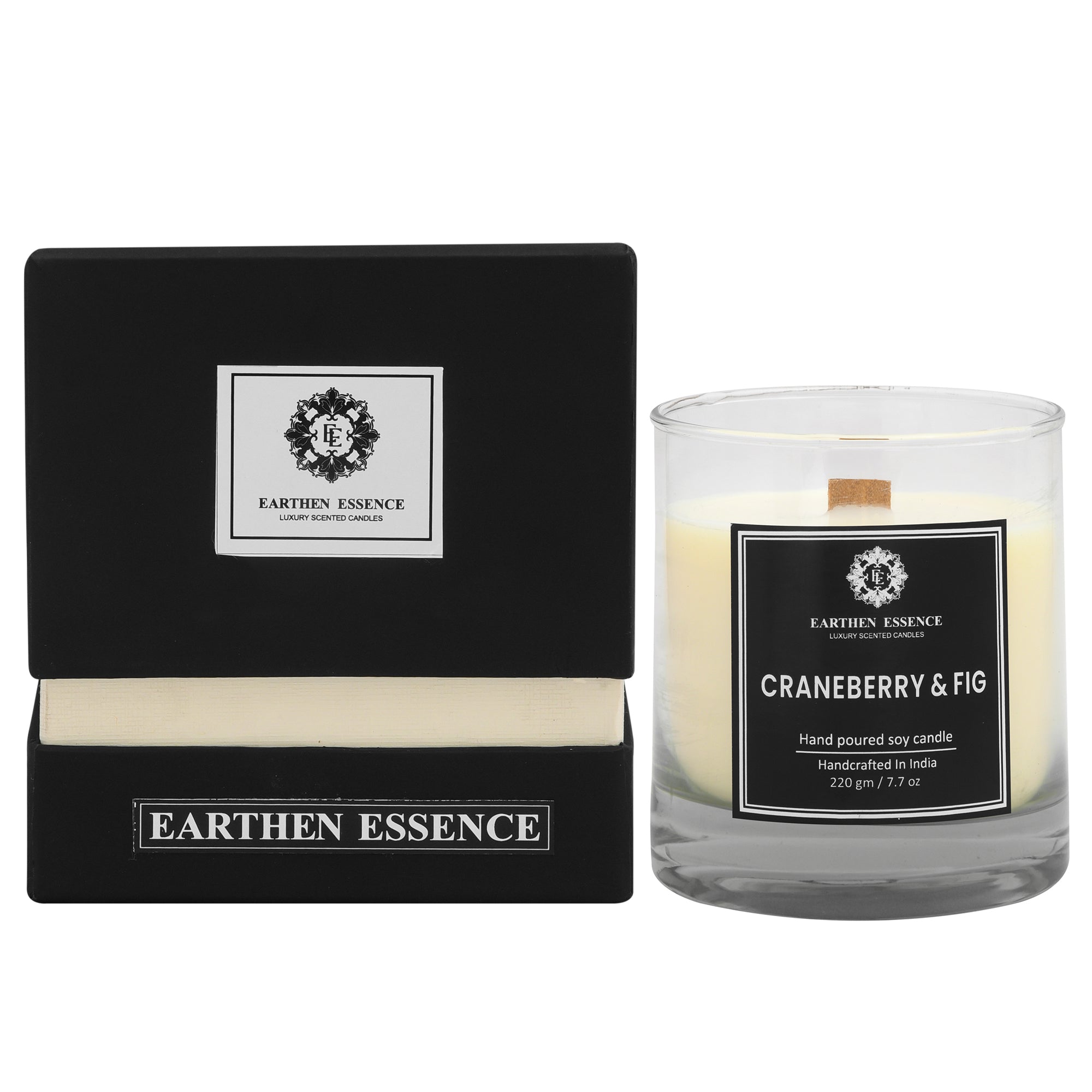 Earthen Essence CRANEBERRY & FIG Luxury Scented Candle | 100% Natural Soy Wax With Wooden Wick | Smokeless & Non-Toxic Candles | 220gm