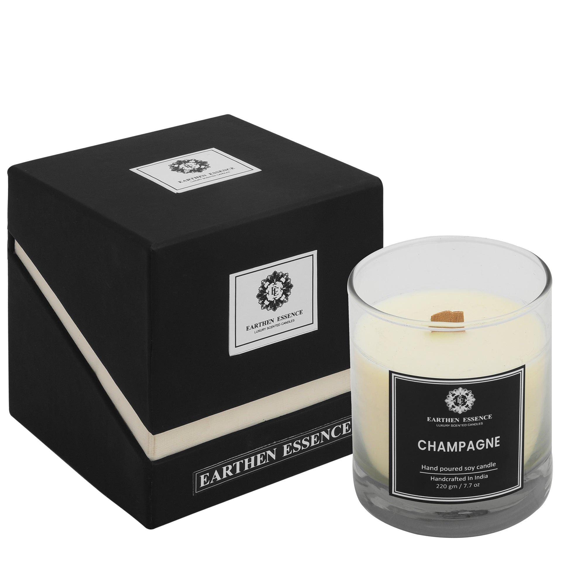 Earthen Essence CHAMPAGNE Luxury Scented Candle | 100% Natural Soy Wax With Wooden Wick | Smokeless & Non-Toxic Candles | 220gm