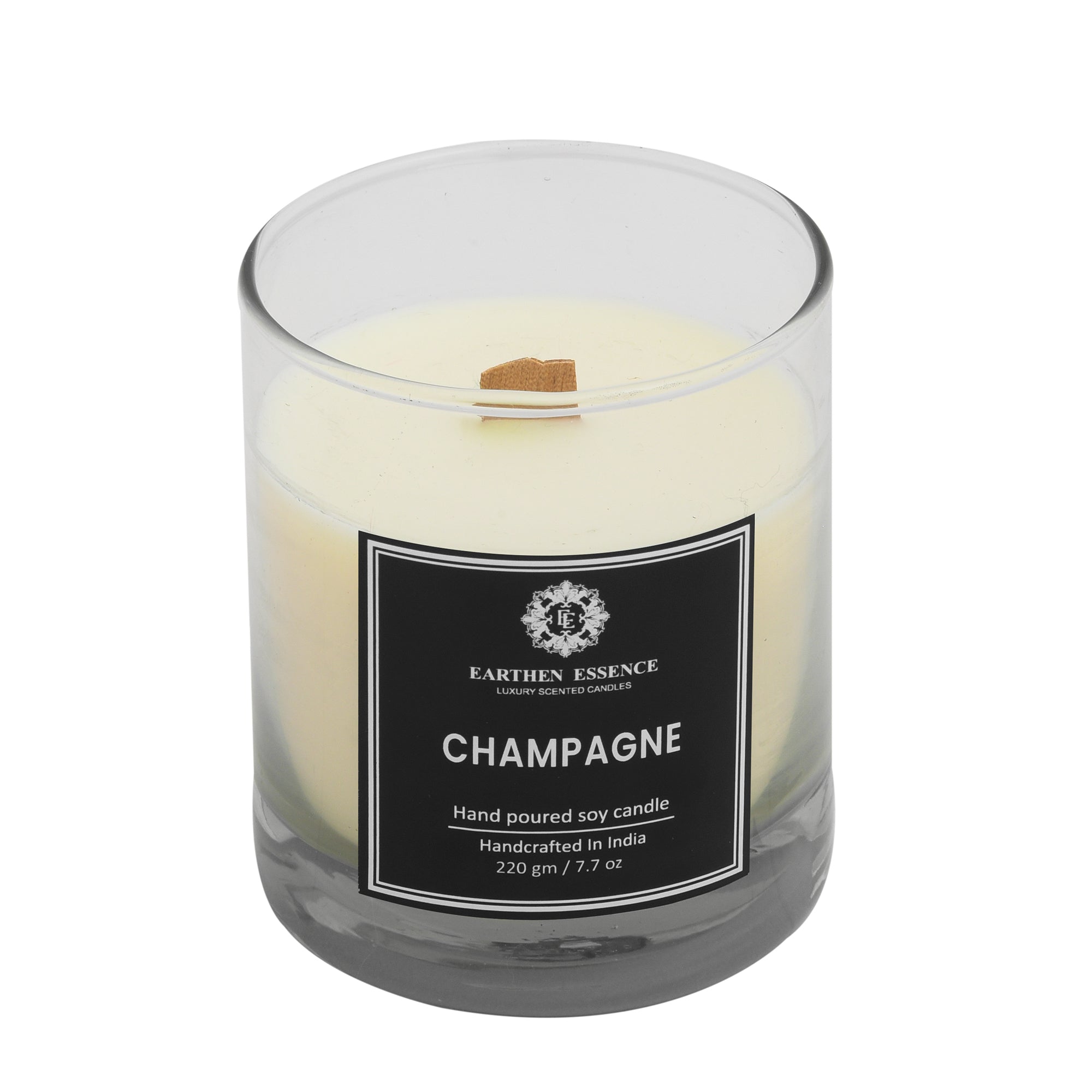 Earthen Essence CHAMPAGNE Luxury Scented Candle | 100% Natural Soy Wax With Wooden Wick | Smokeless & Non-Toxic Candles | 220gm