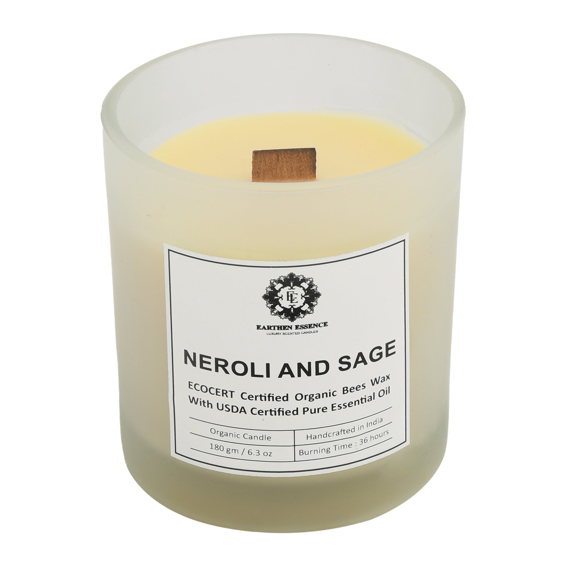 Organic Ecocert Certified Beeswax Candle With Neroli & Sage Essential oil | Clean Burning With Wooden Wick | Smokeless & Non-Toxic Candles | 180gm