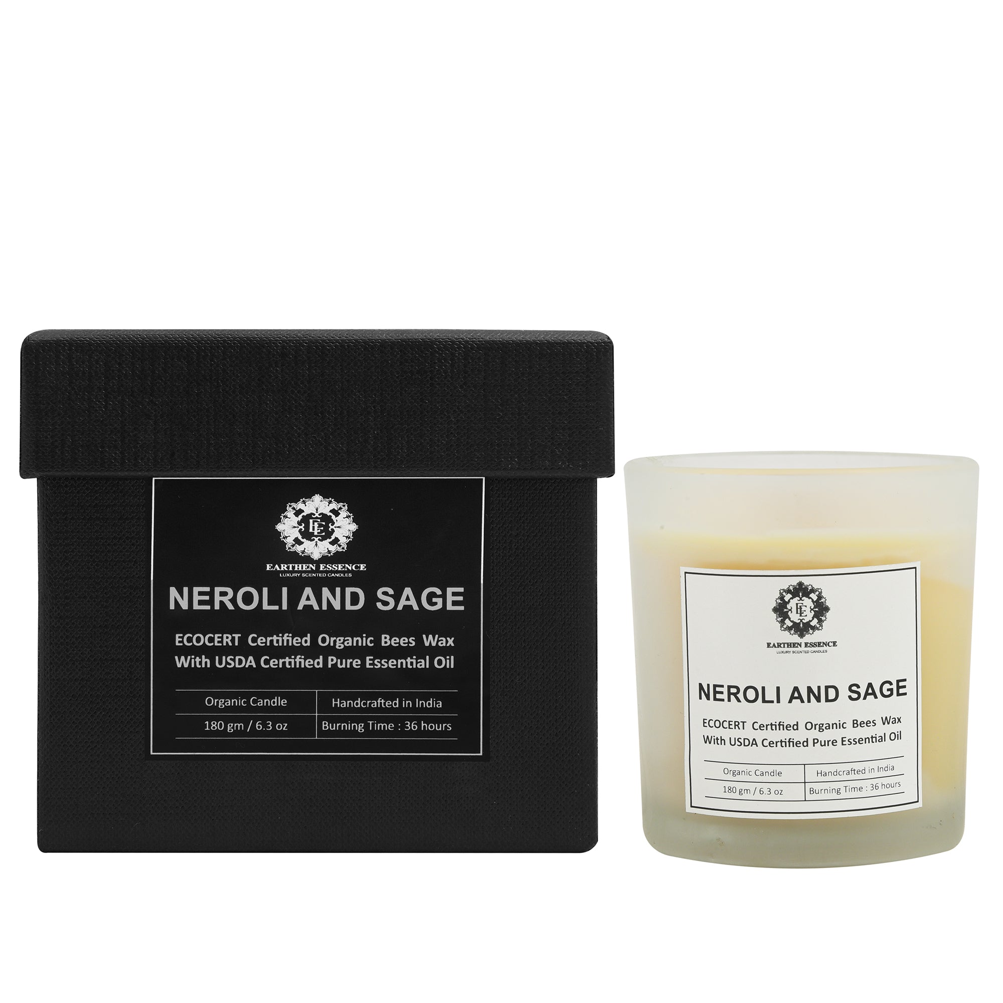 Organic Ecocert Certified Beeswax Candle With Neroli & Sage Essential oil | Clean Burning With Wooden Wick | Smokeless & Non-Toxic Candles | 180gm