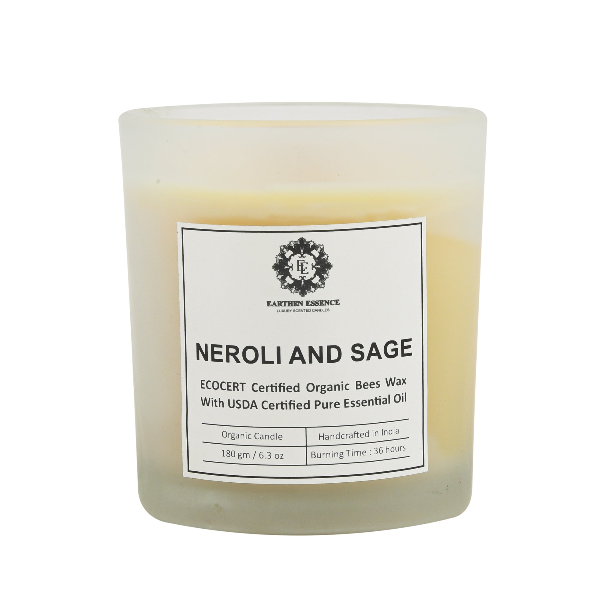 Organic Ecocert Certified Beeswax Candle With Neroli & Sage Essential oil | Clean Burning With Wooden Wick | Smokeless & Non-Toxic Candles | 180gm