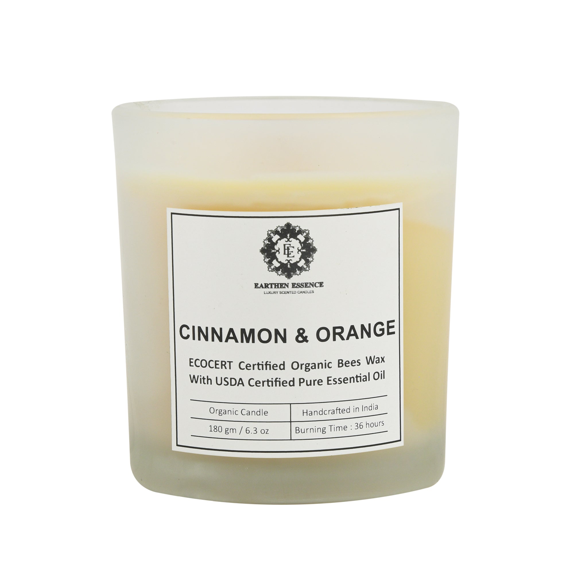 Organic Ecocert Certified Beeswax Candle With CINNAMON & ORANGE Essential oil | Clean Burning With Wooden Wick | Smokeless & Non-Toxic Candles | 180gm