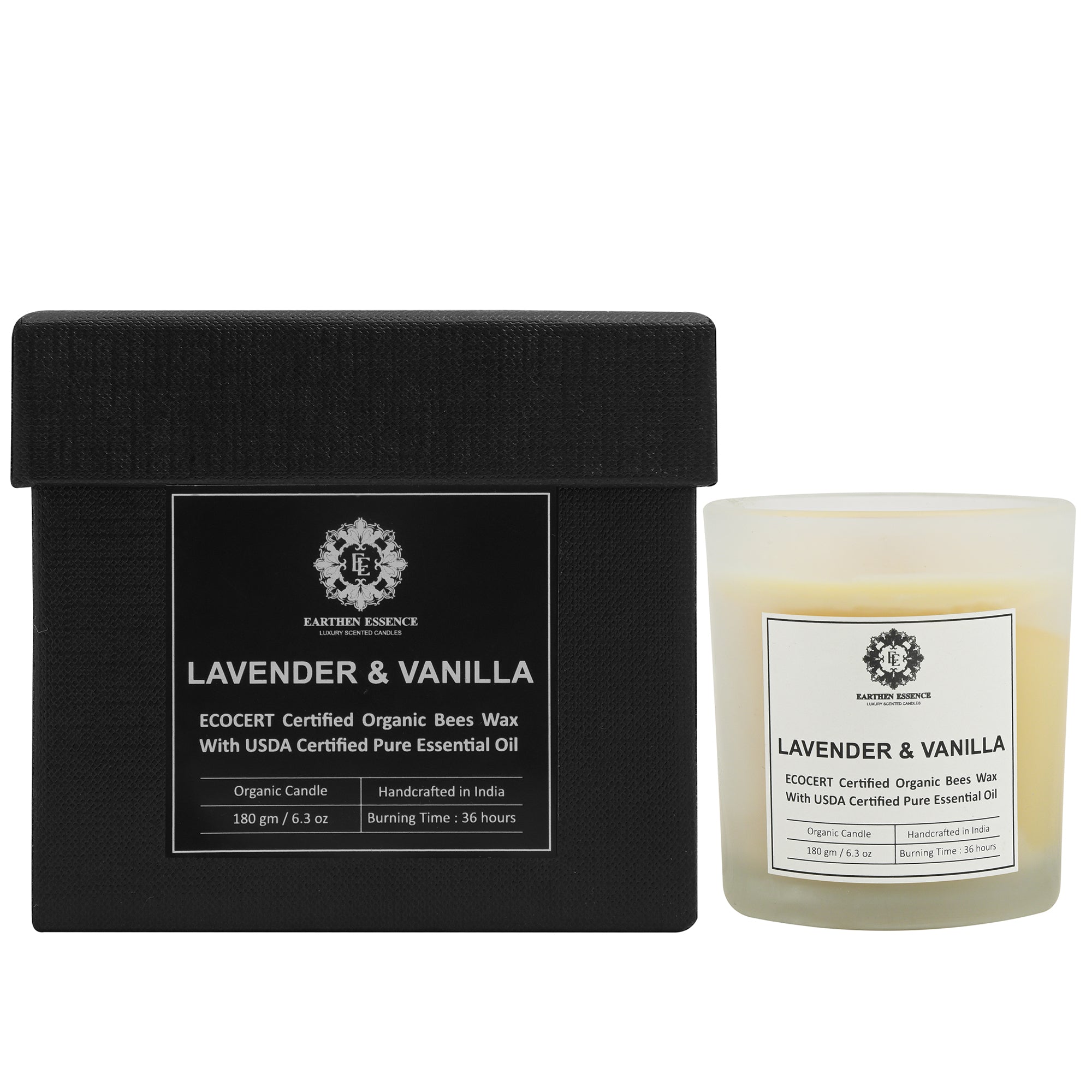Organic Ecocert Certified Beeswax Candle With LAVENDER & VANILLA Essential oil | Clean Burning With Wooden Wick | Smokeless & Non-Toxic Candles | 180gm