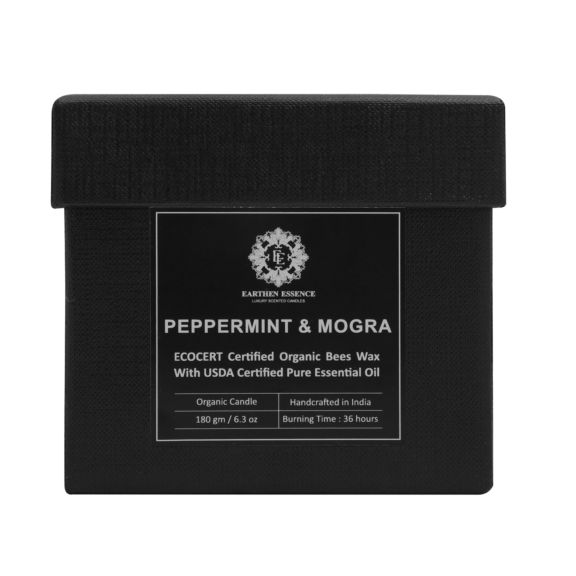 Organic Ecocert Certified Beeswax Candle With PEPPERMINT & MOGRA Essential oil | Clean Burning With Wooden Wick | Smokeless & Non-Toxic Candles | 180gm