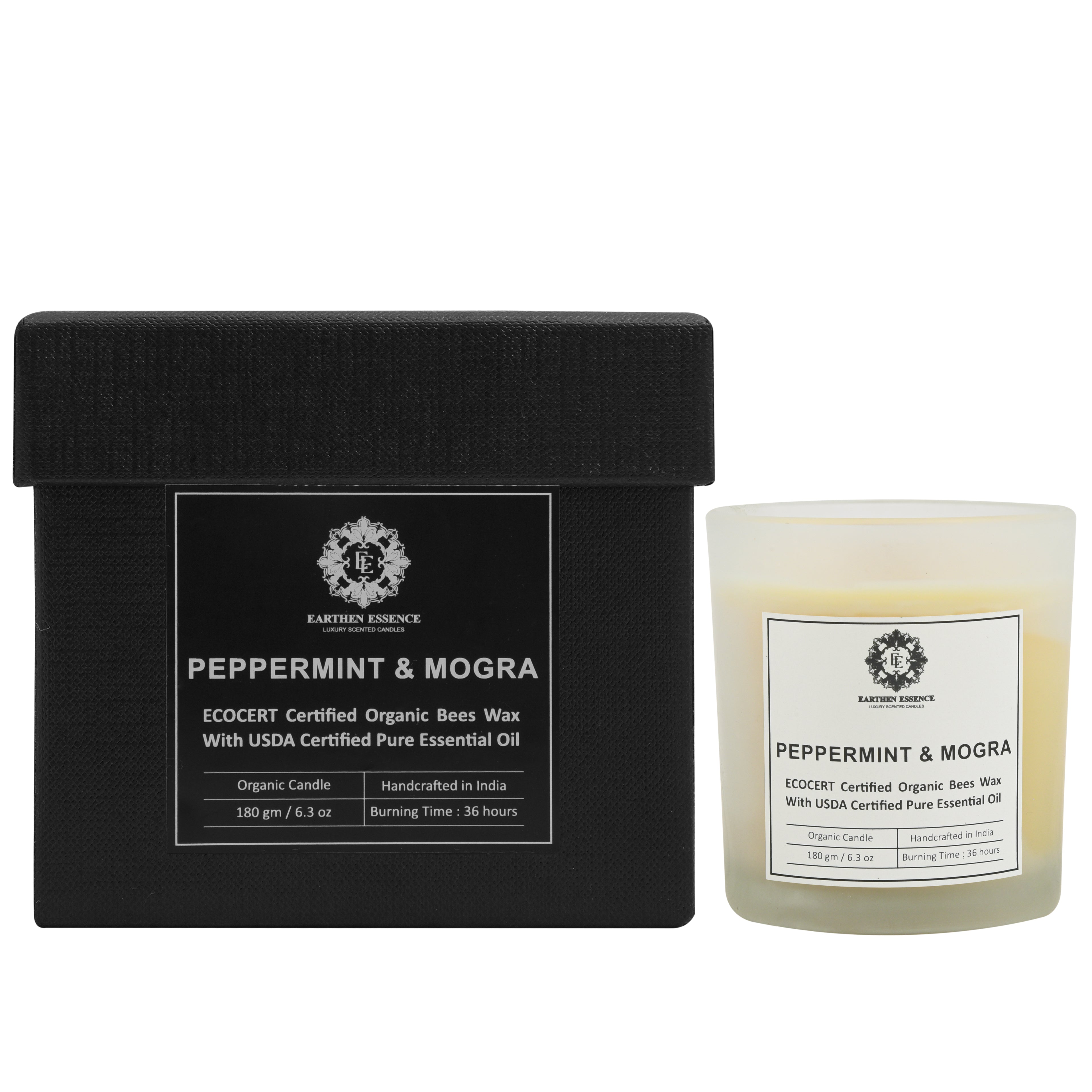 Organic Ecocert Certified Beeswax Candle With PEPPERMINT & MOGRA Essential oil | Clean Burning With Wooden Wick | Smokeless & Non-Toxic Candles | 180gm