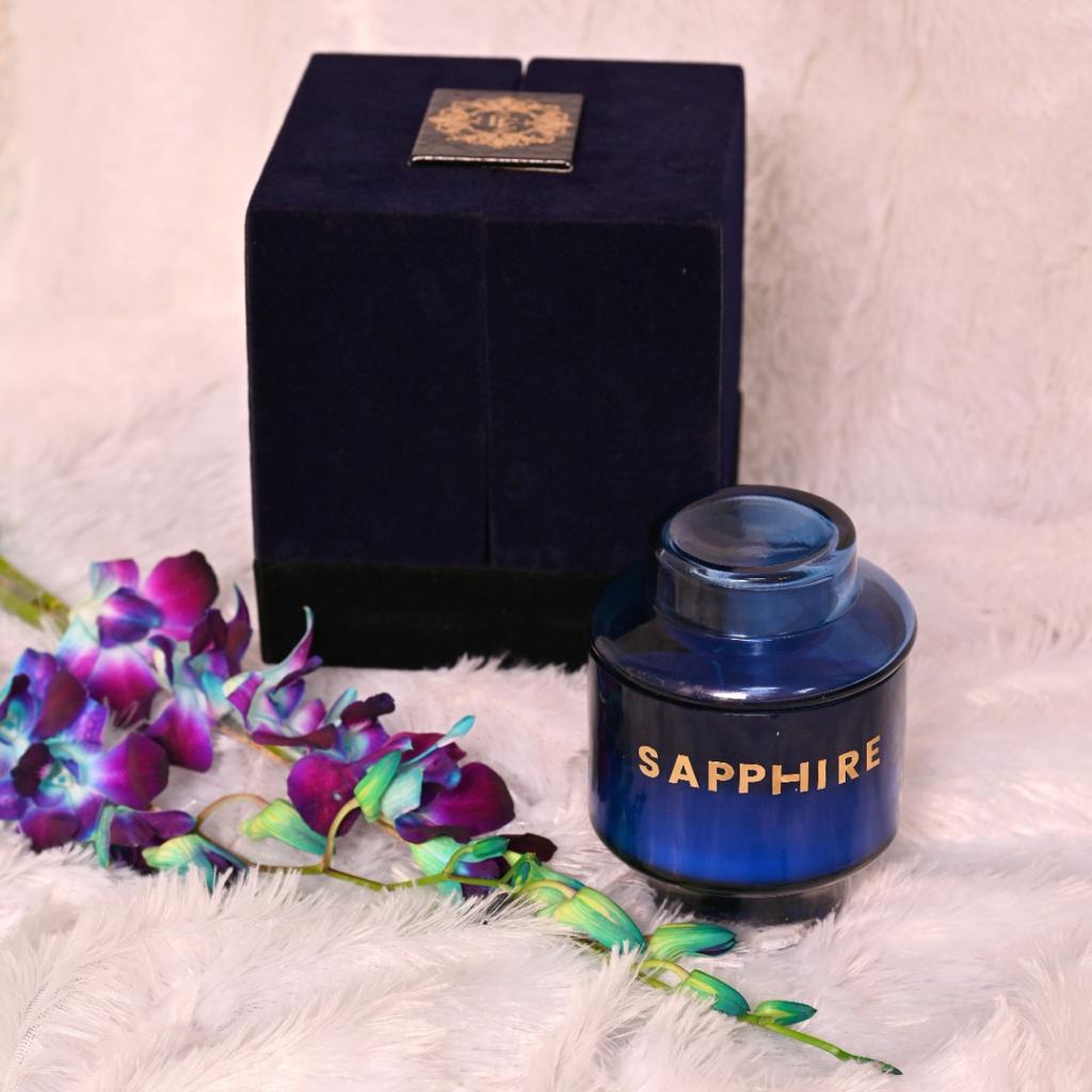 Luxury Scented Candle SAPPHIRE |   Luxury Scented Candle| Serene Aroma | 100% Natural Soy Wax Eco-friendly | Hand poured 3 Wick Lead Free Cotton wick | 380gm